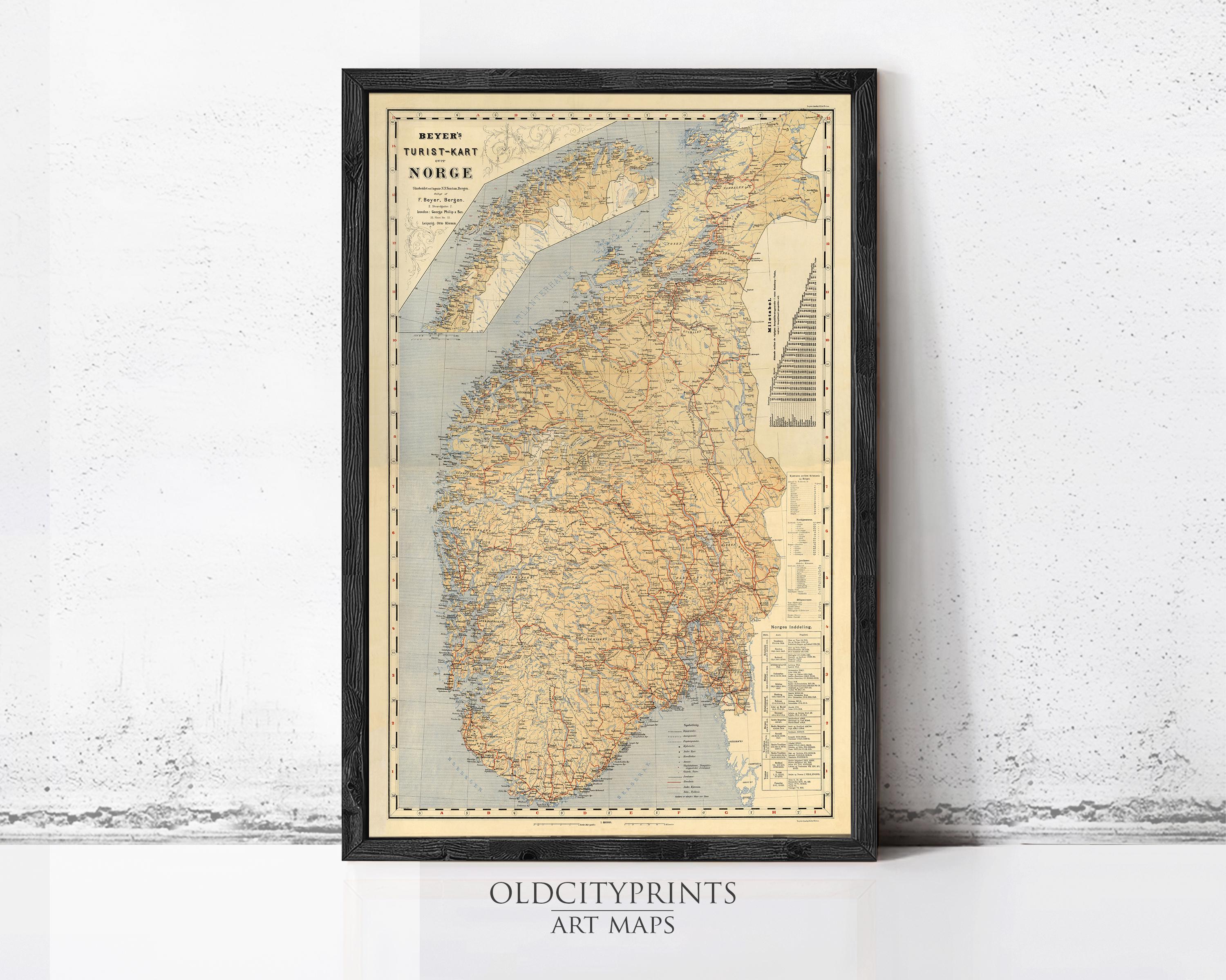 The image is a framed vintage map of Norway, featuring detailed geographical information and labeled with various locations and landmarks.
