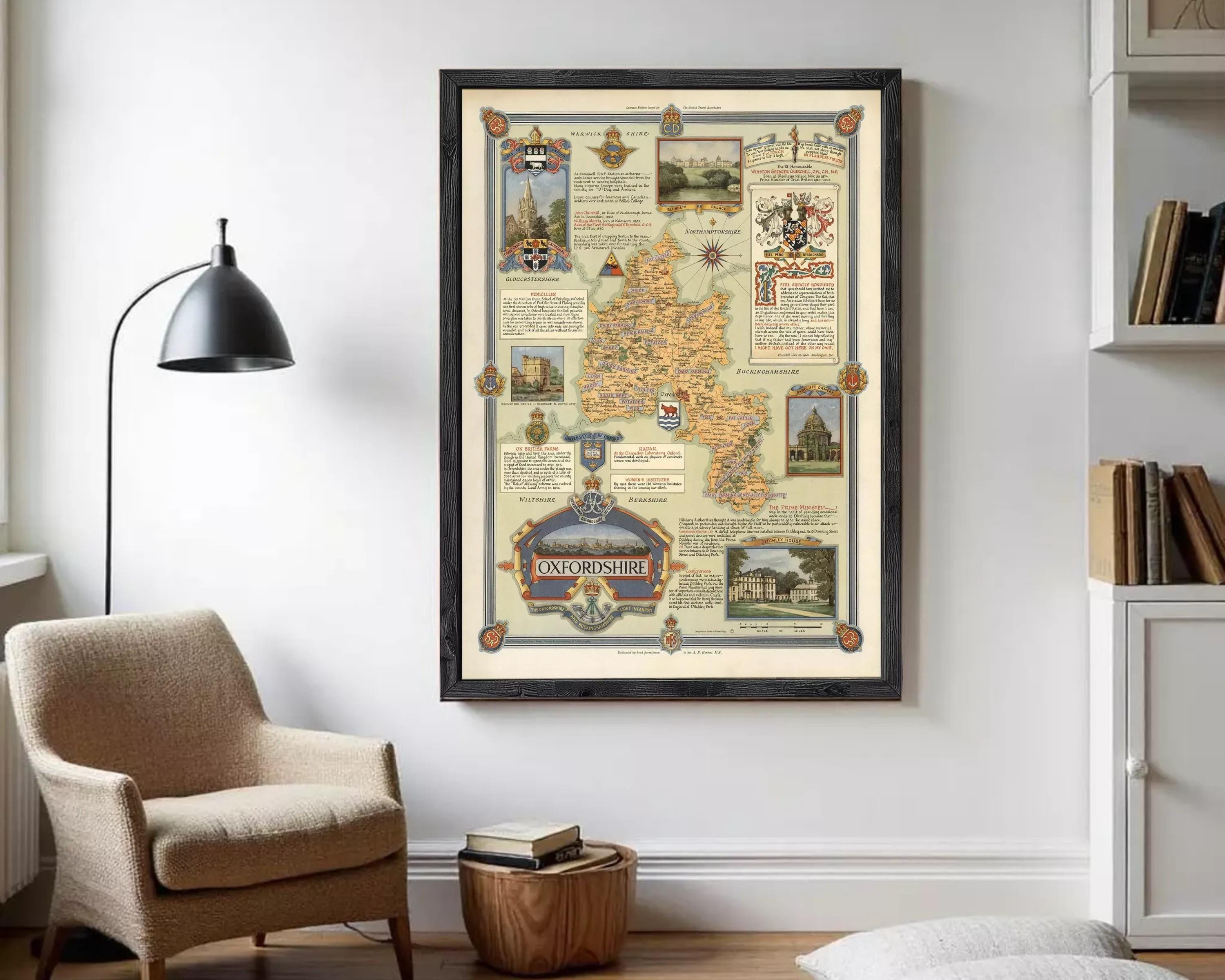 The image is a framed map of Oxfordshire, England, with various landmarks and locations marked on it.