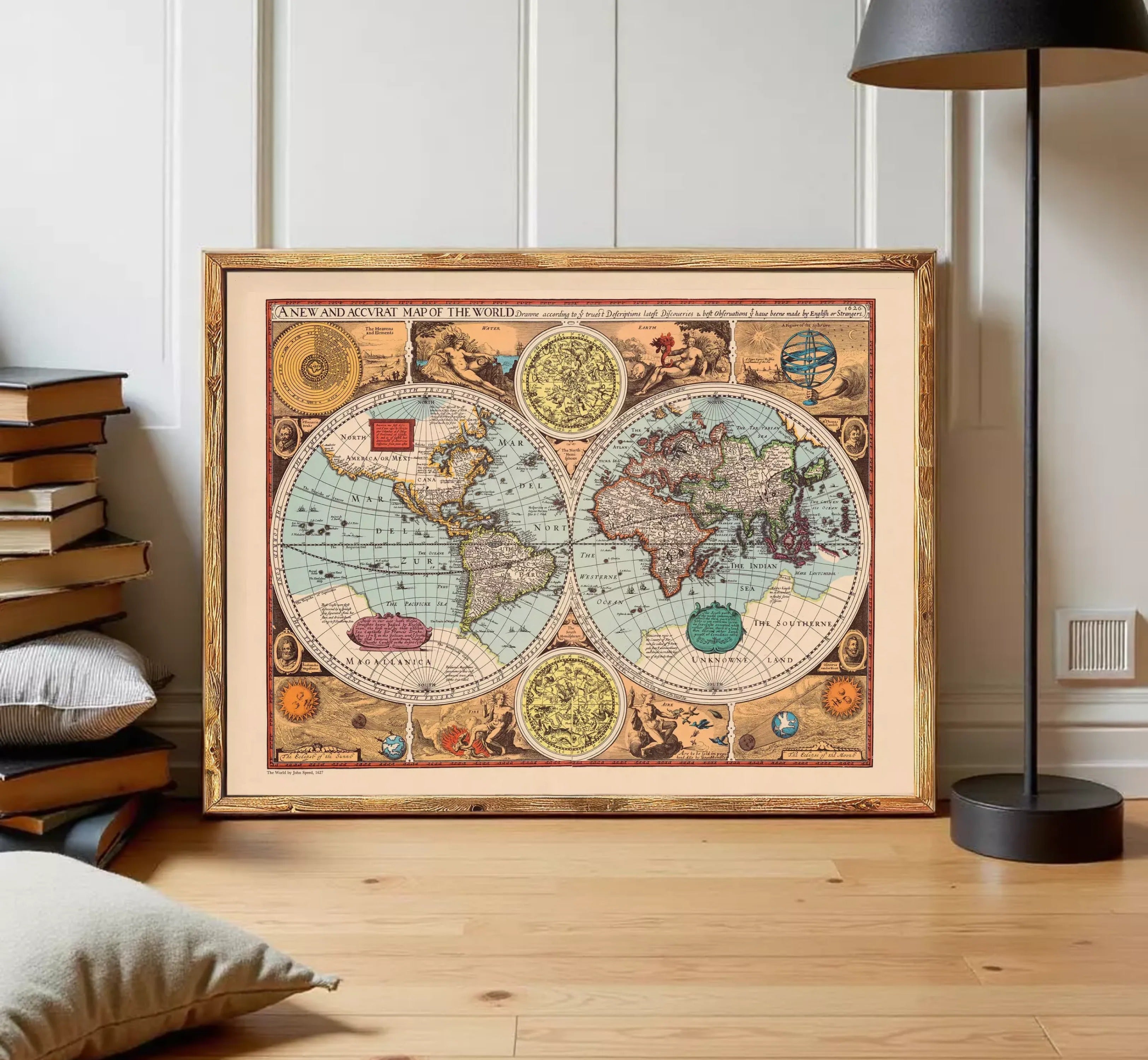 The image is a framed vintage map of the world, featuring detailed illustrations and labels.
