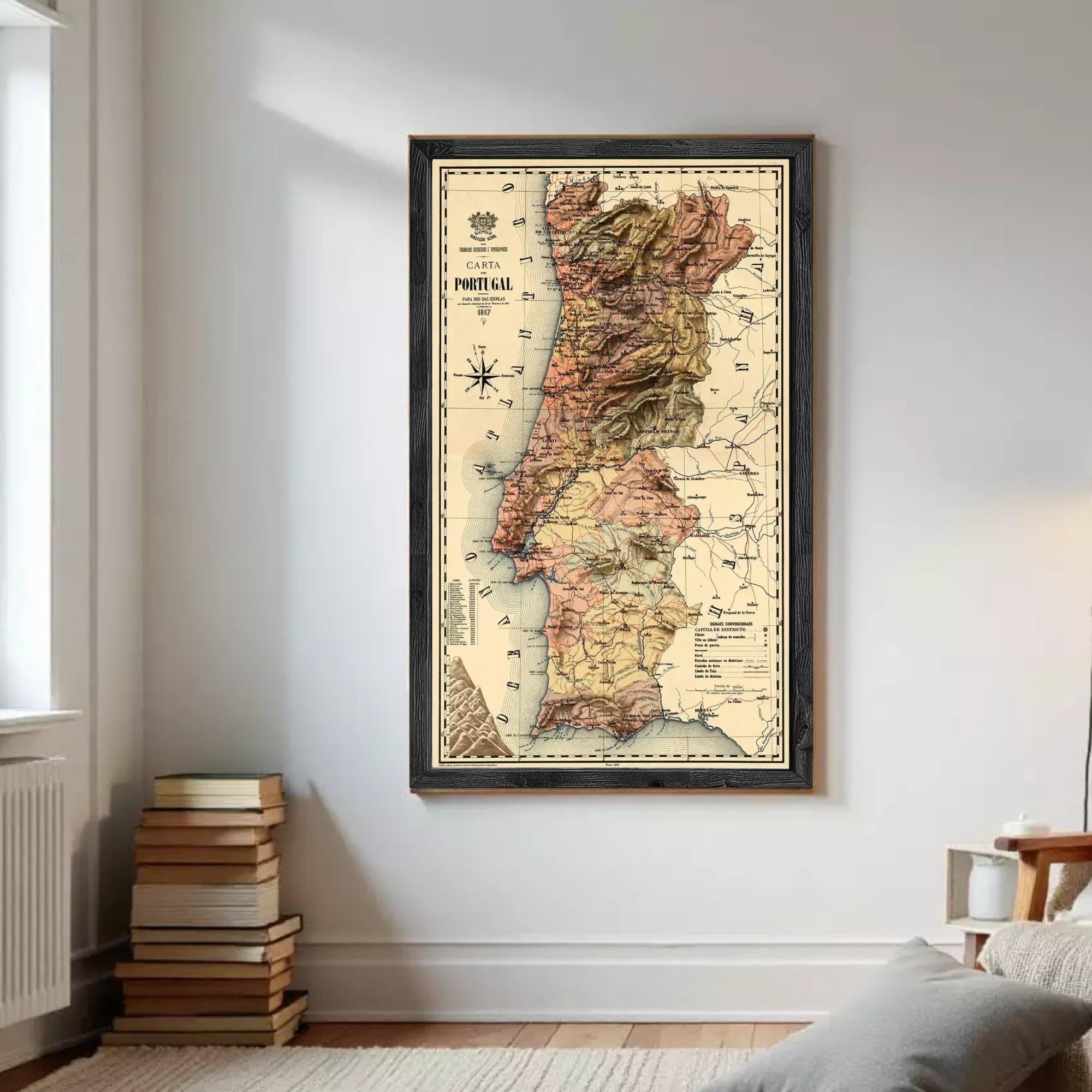 The image is a framed vintage map of Portugal, depicting the country's geographical layout and surrounding areas.