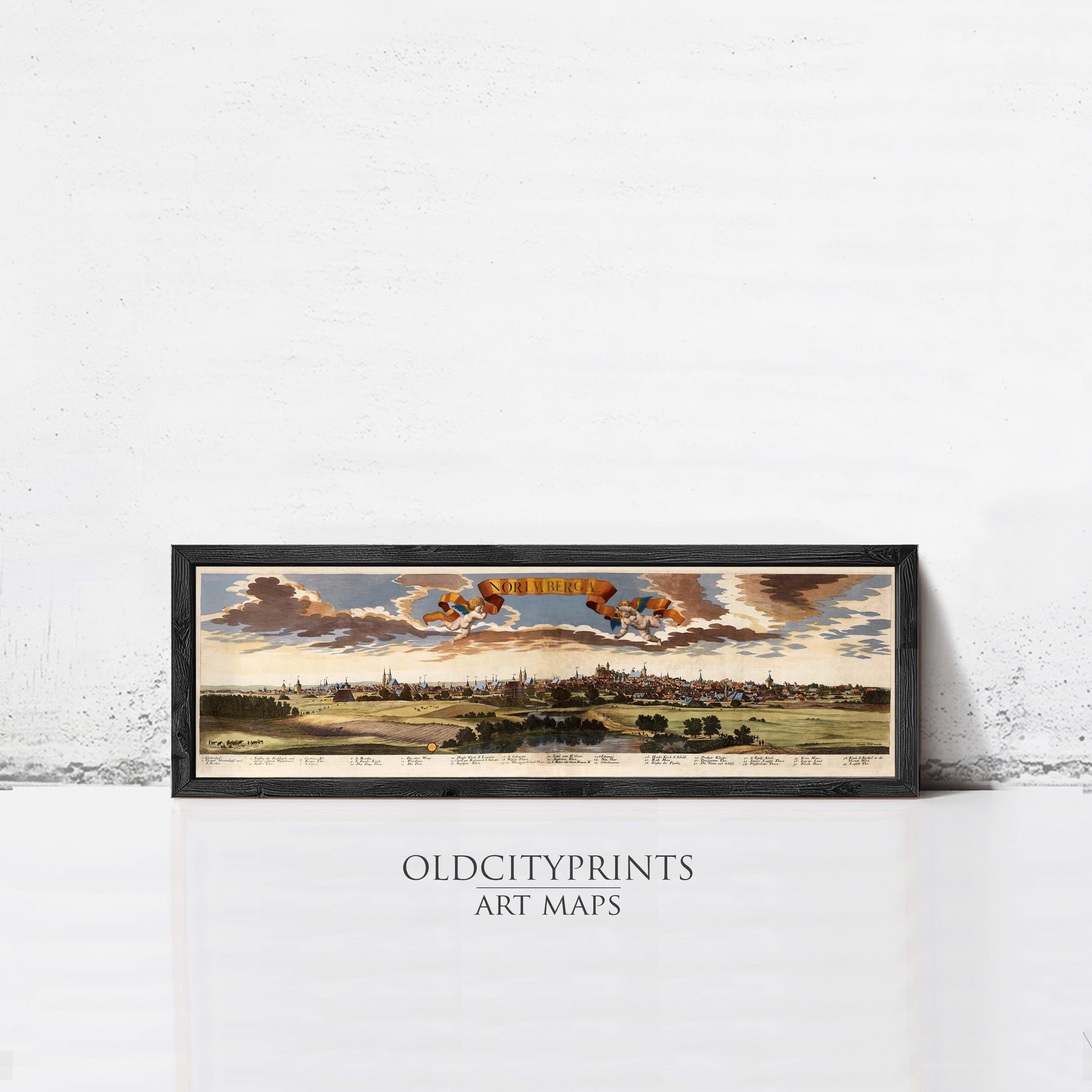 The image is a framed art print depicting a cityscape with a cloudy sky in the background.