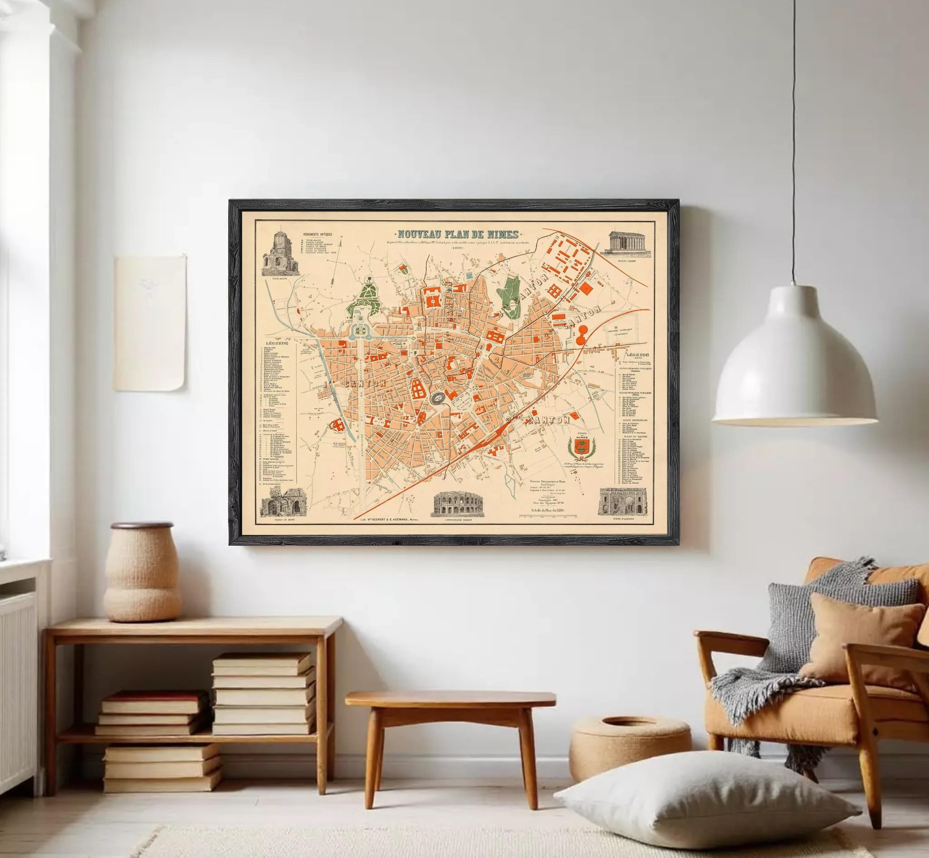 The image is a framed vintage map of a city, depicting various landmarks and streets.
