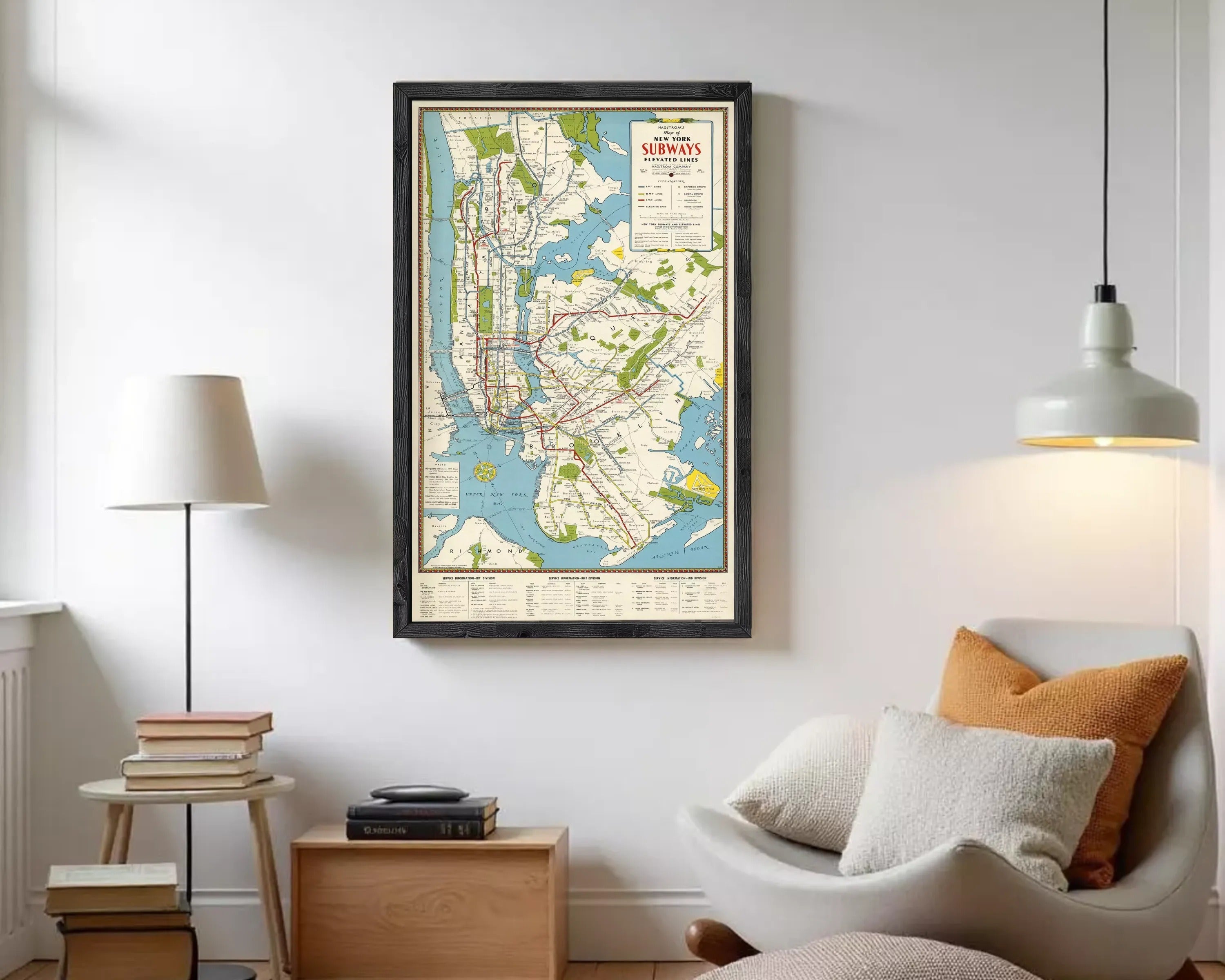 The image is a framed subway map of New York City, depicting the extensive subway network and surrounding areas.