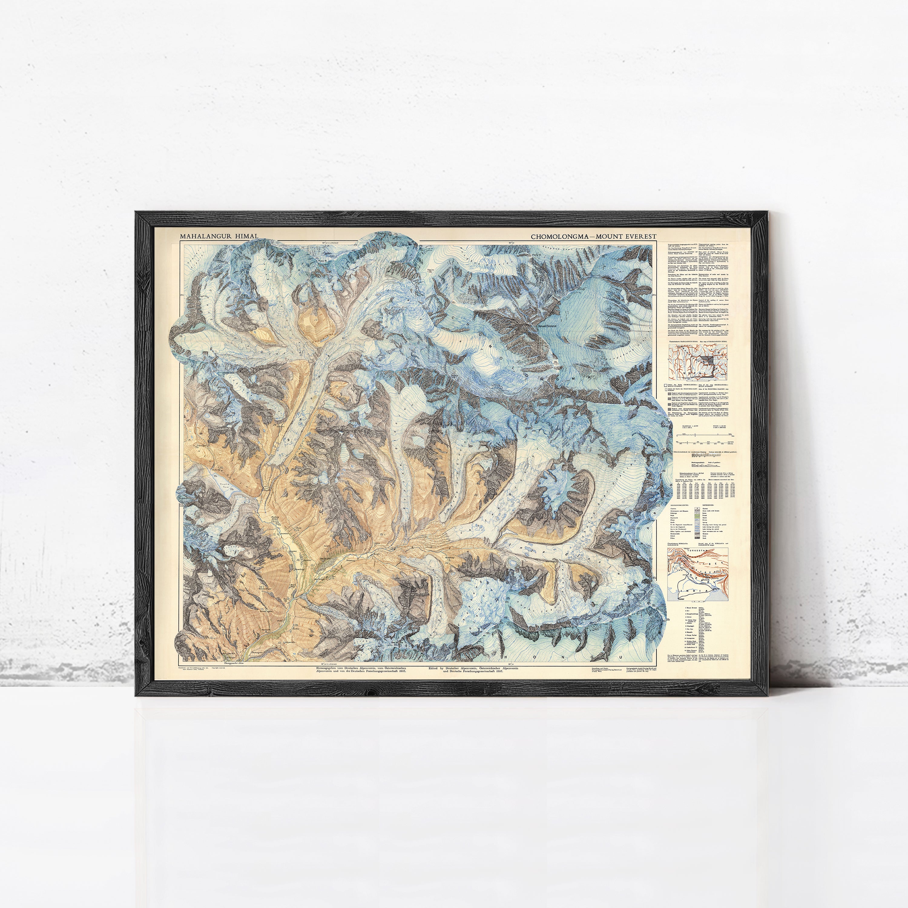 The image is a framed vintage map of the Himalayas, depicting the mountain range in a detailed and intricate manner.