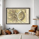 The image is a framed historical map of Dresden, Germany, depicting the city's layout and surrounding areas.