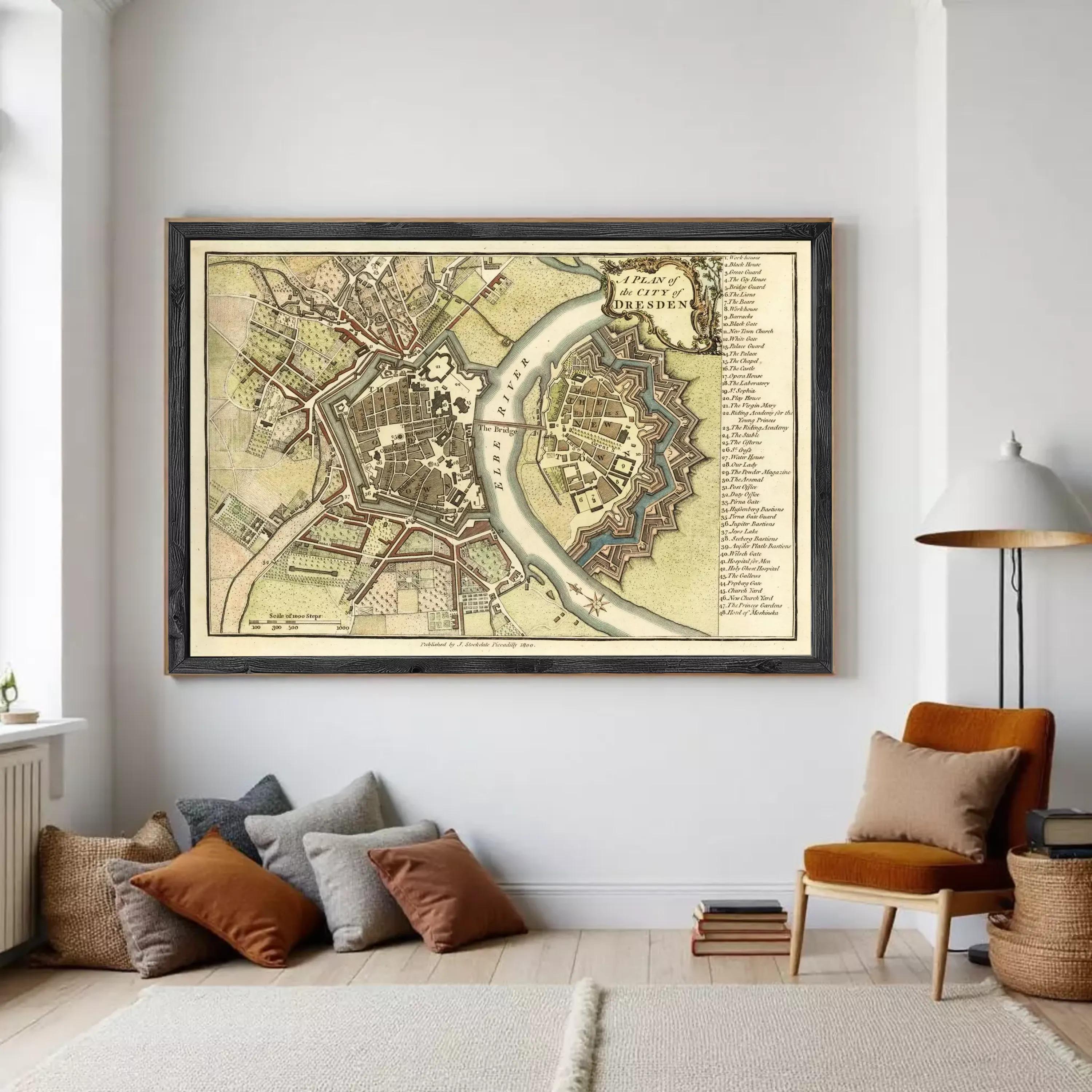 The image is a framed historical map of Dresden, Germany, depicting the city's layout and surrounding areas.