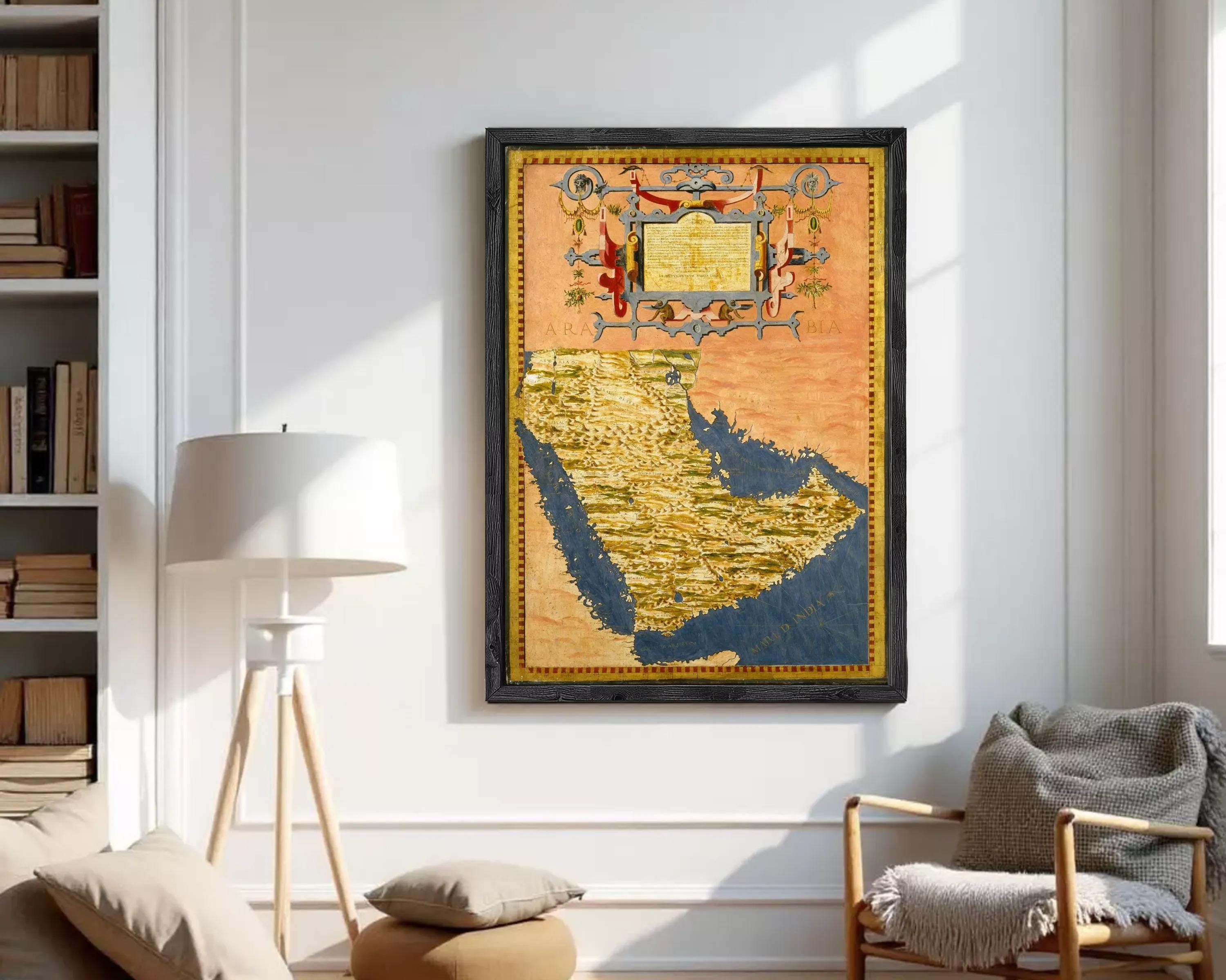 The image is a framed painting depicting a map of the Middle East, with a decorative border and ornate design elements.