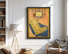 The image is a framed painting depicting a map of the Middle East, with a decorative border and ornate design elements.