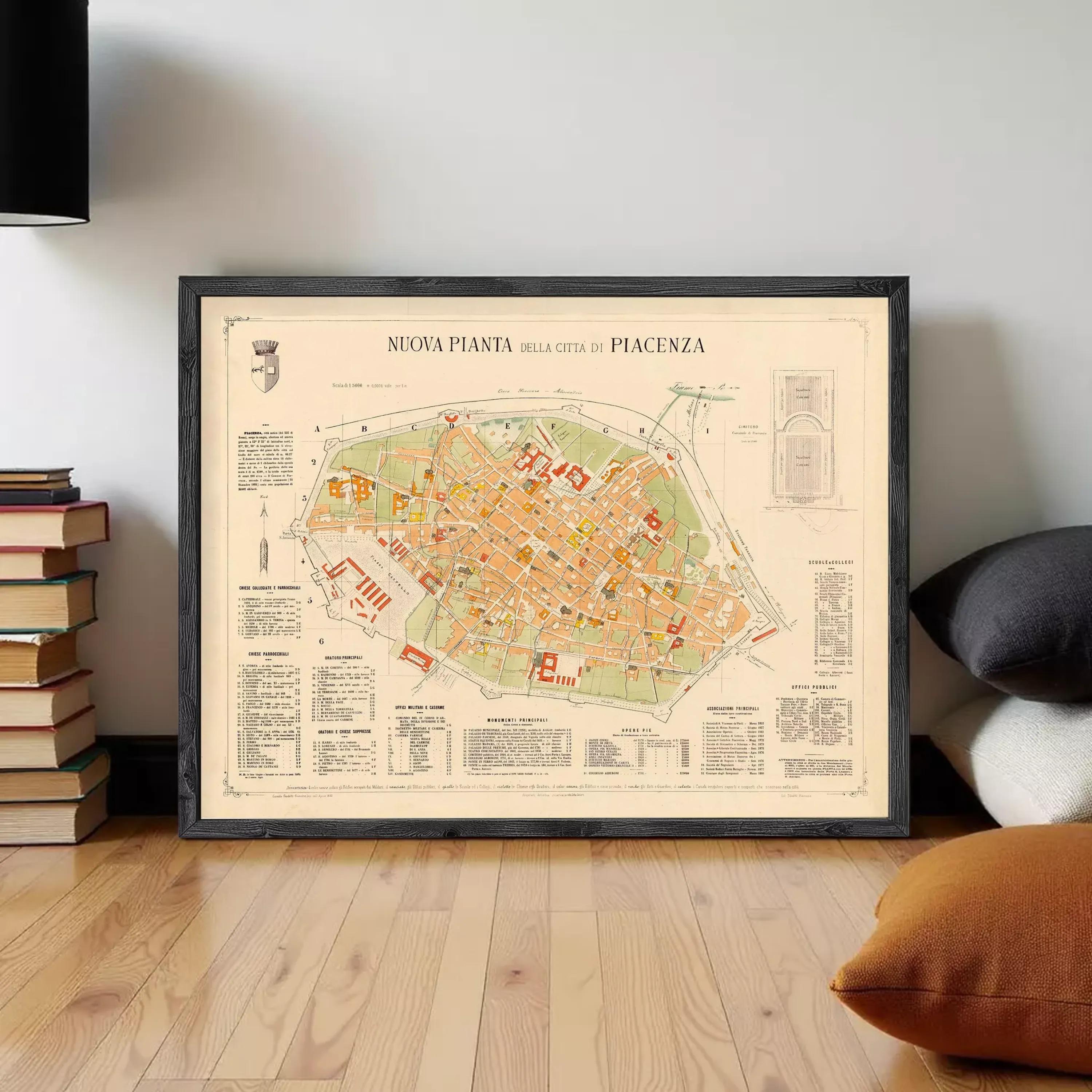 The image is a framed map of the city of Peacenza, Italy, depicting the layout and various landmarks within the city.