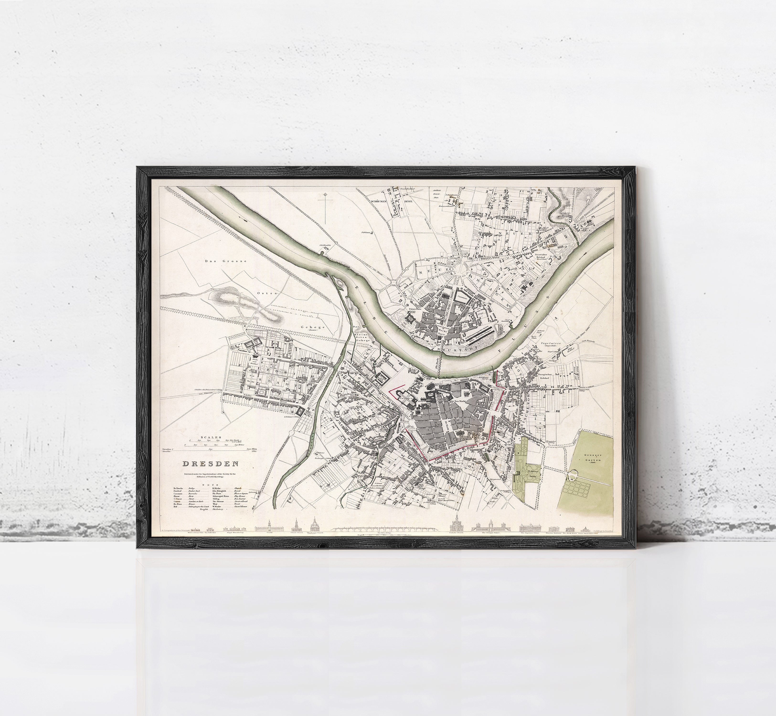 The image is a framed map of Dresden, Germany, depicting the city's layout and surrounding areas.