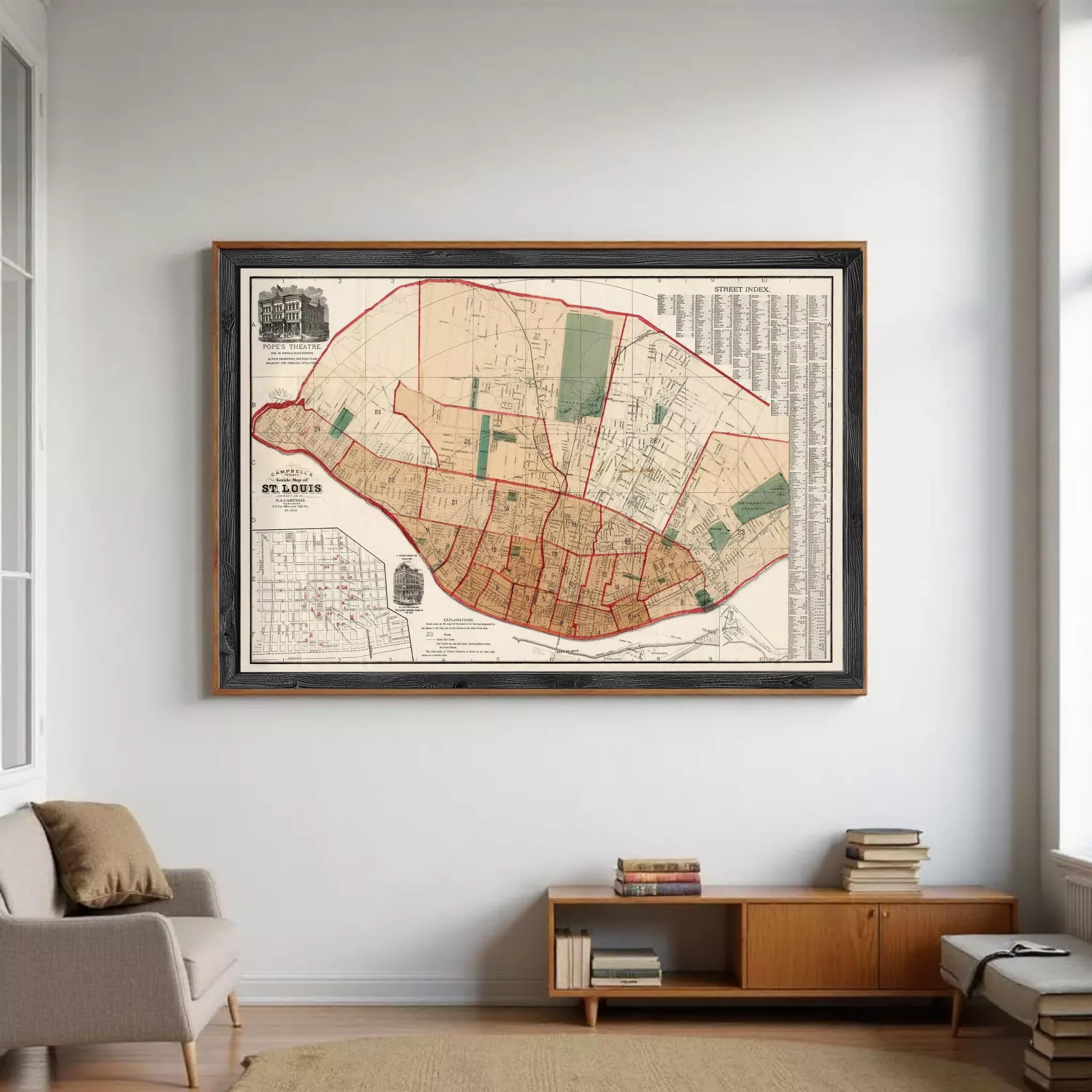 The image is a framed map of St. Louis, Missouri, dated 1873.