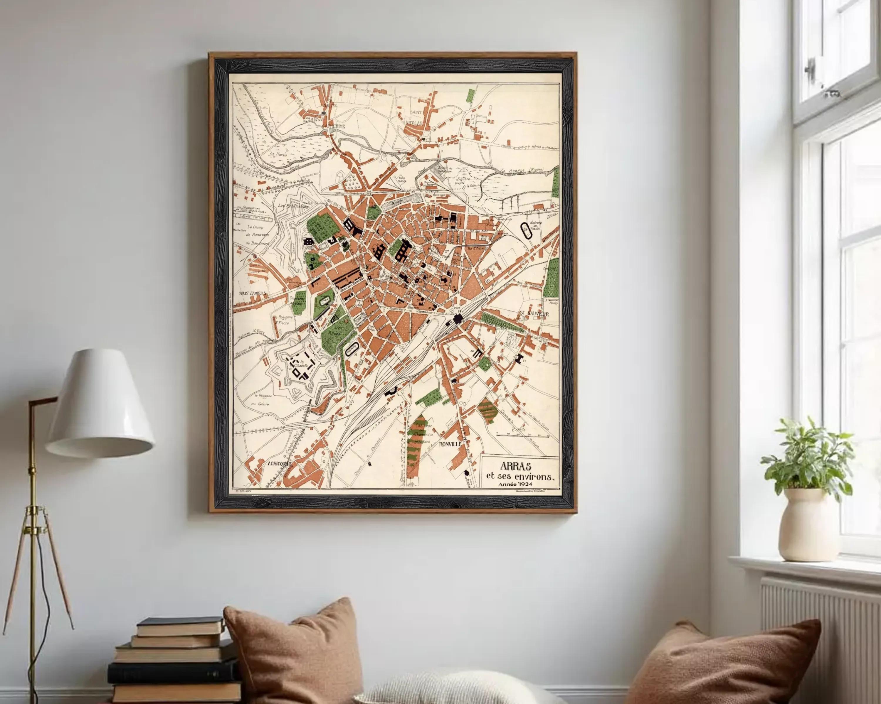 The image is a framed map of a city, depicting various landmarks and streets.