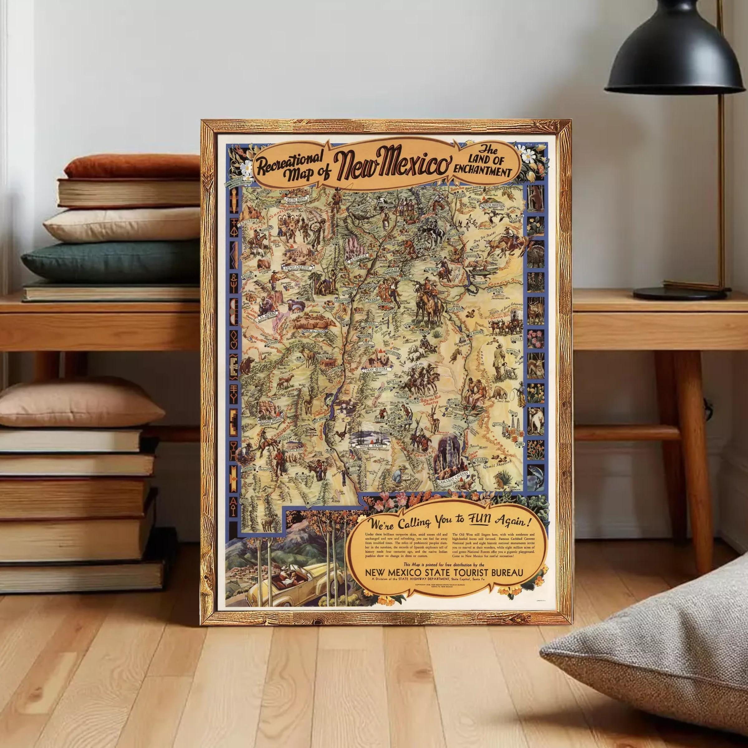 The image is a framed vintage map of New Mexico, depicting various landmarks and locations across the state.