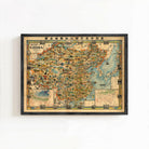 The image is a framed vintage map of China, featuring various landmarks and regions across the country.