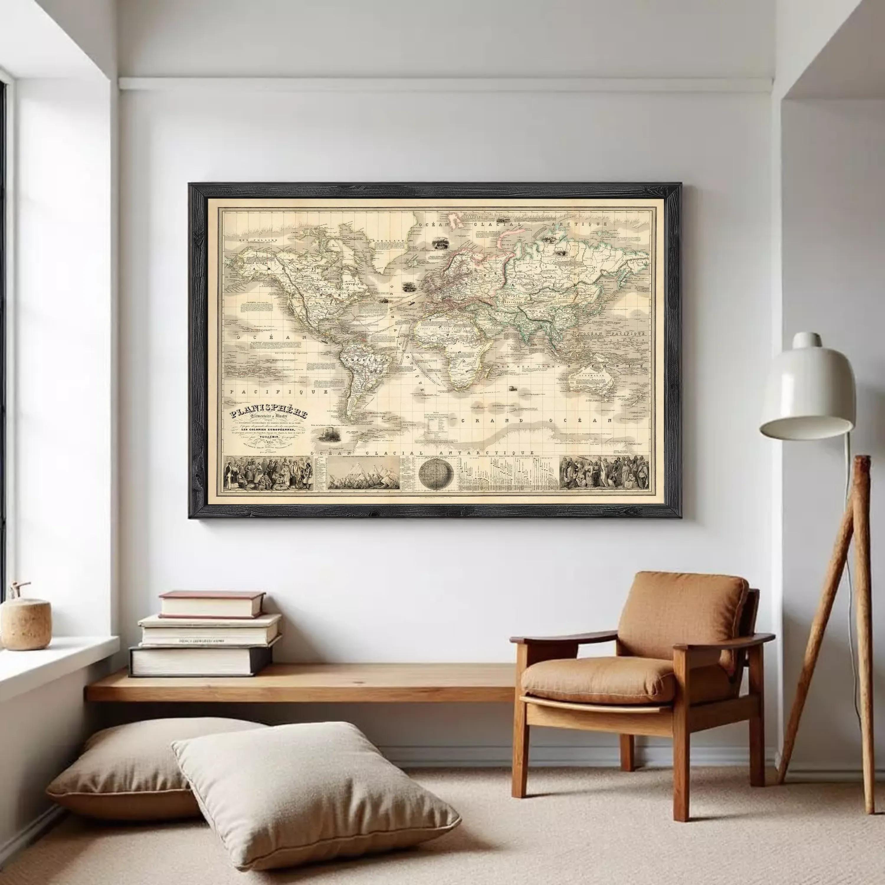 The image is a framed vintage map of the world, depicting various countries and regions in a detailed and intricate manner.