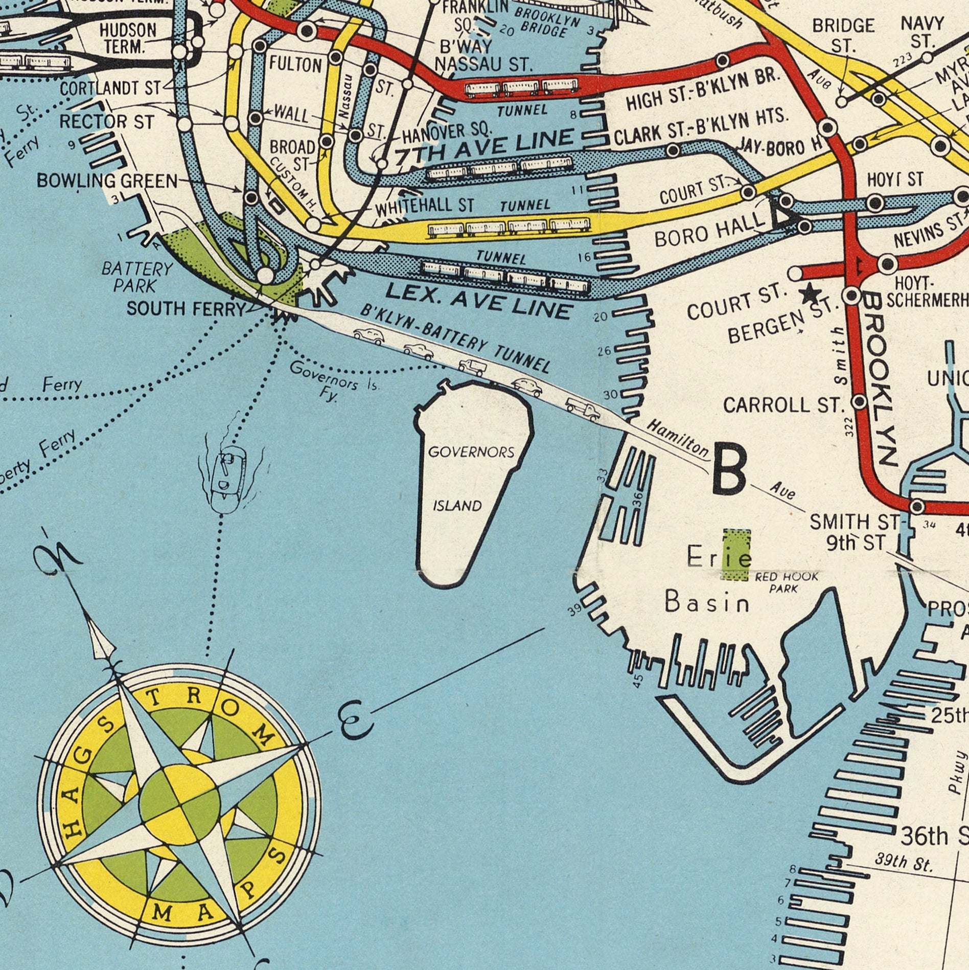 The image is a vintage subway map of New York City, showing various subway lines and stations.