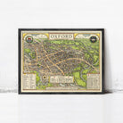 The image is a framed vintage map of Oxford, England, depicting the city's layout and surrounding areas.
