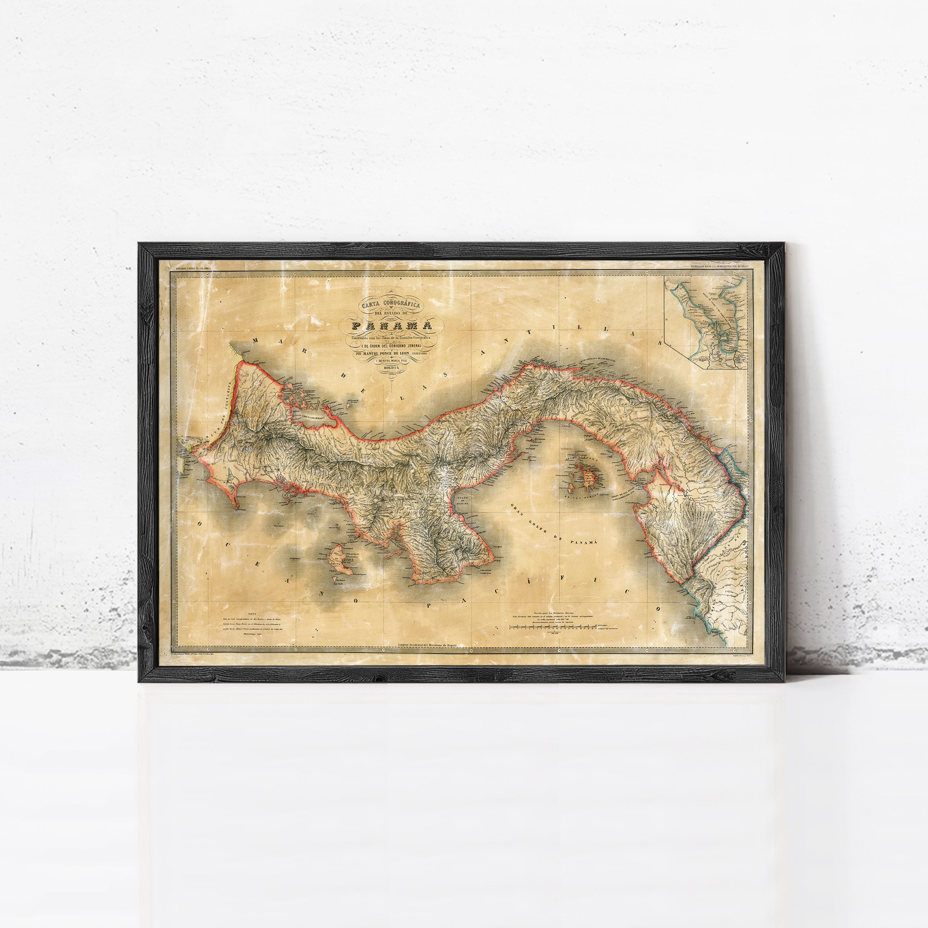 The image is a framed vintage map of the Caribbean region, specifically focusing on the island of Panama.