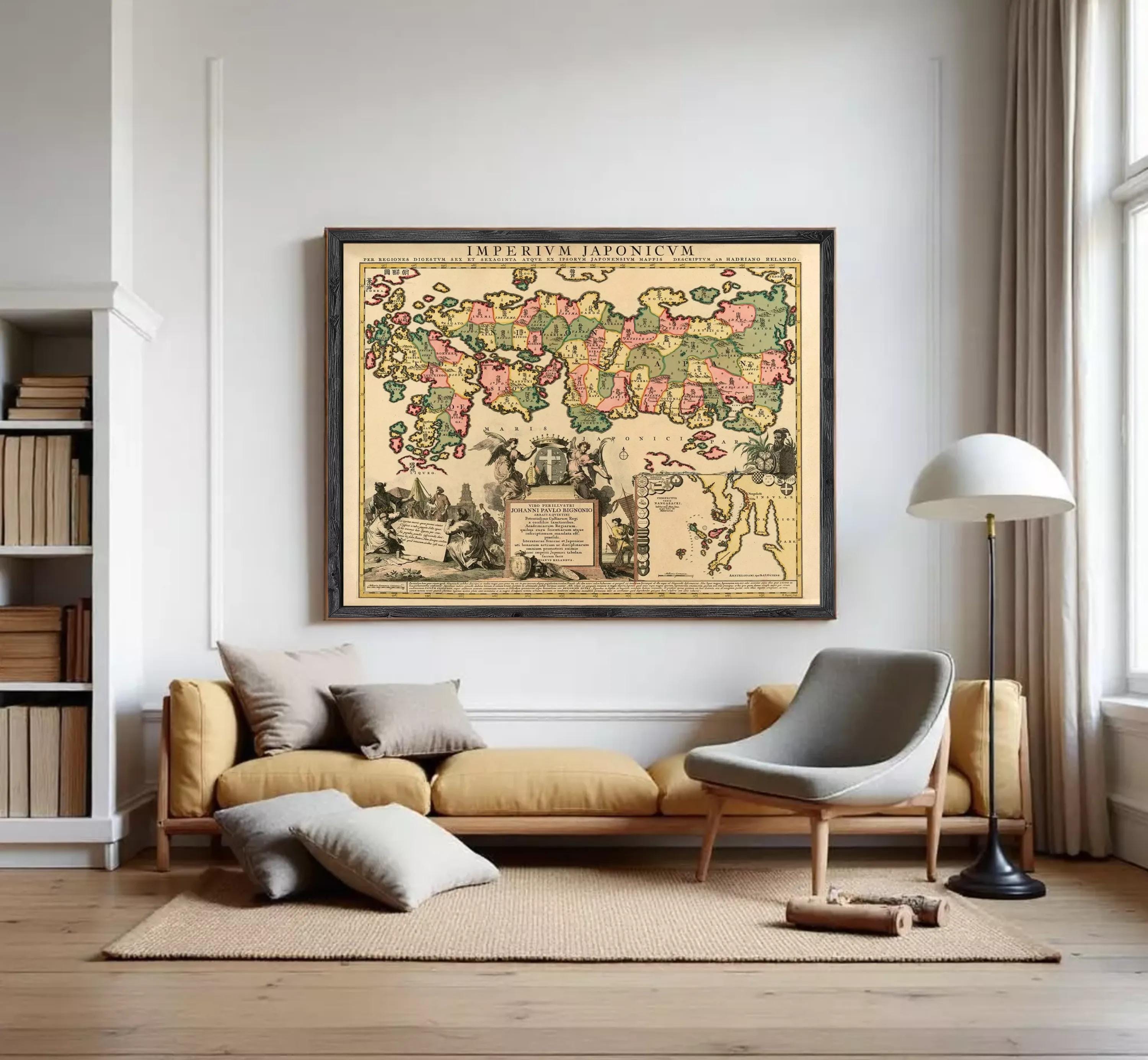 The image is a framed vintage map of the world, depicting various regions and countries with different colors and symbols.