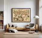The image is a framed vintage map of the world, depicting various regions and countries with different colors and symbols.