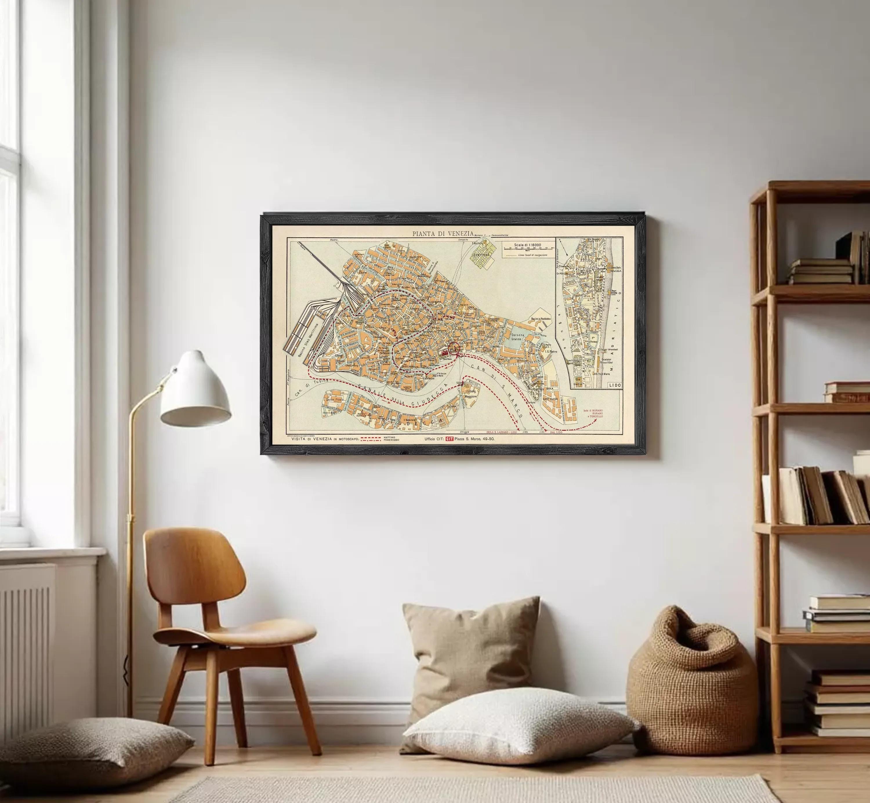The image is a framed vintage map of Venice, Italy, depicting the city's layout and waterways.