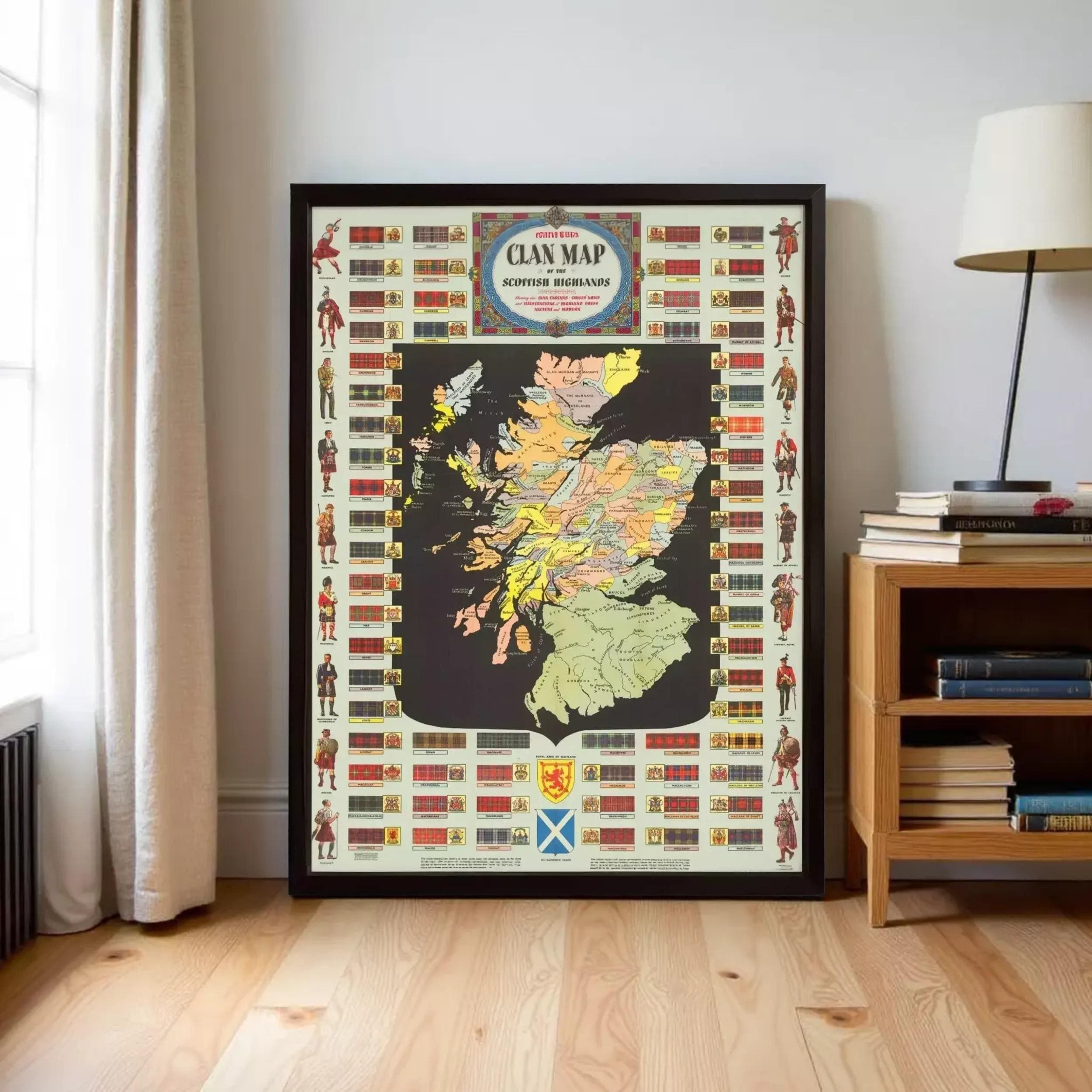 a large framed map of Scotland, with various symbols and illustrations surrounding the map.