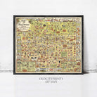The image is a framed vintage map of Hollywood, California, depicting various landmarks, streets, and people in a detailed and colorful manner.