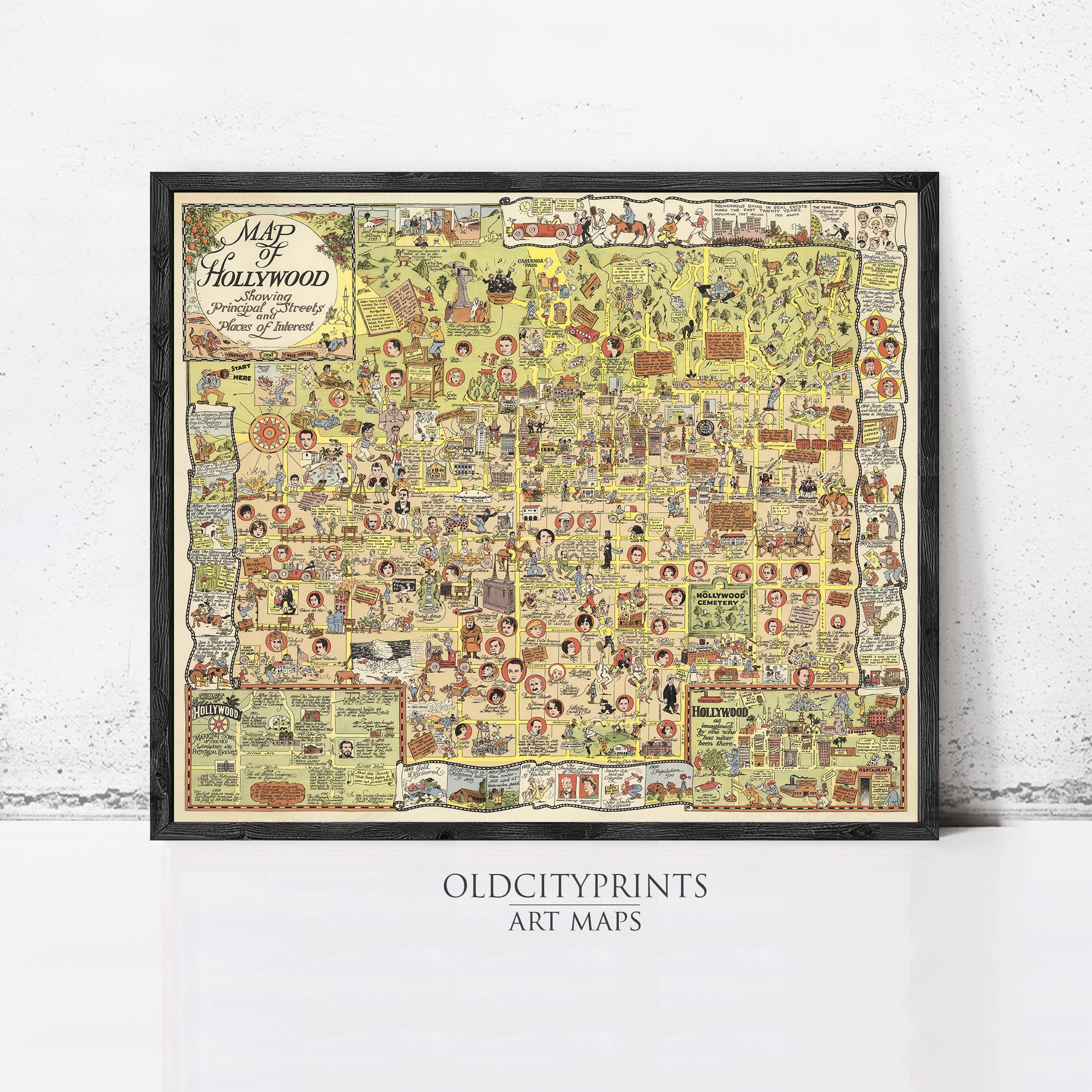 The image is a framed vintage map of Hollywood, California, depicting various landmarks, streets, and people in a detailed and colorful manner.