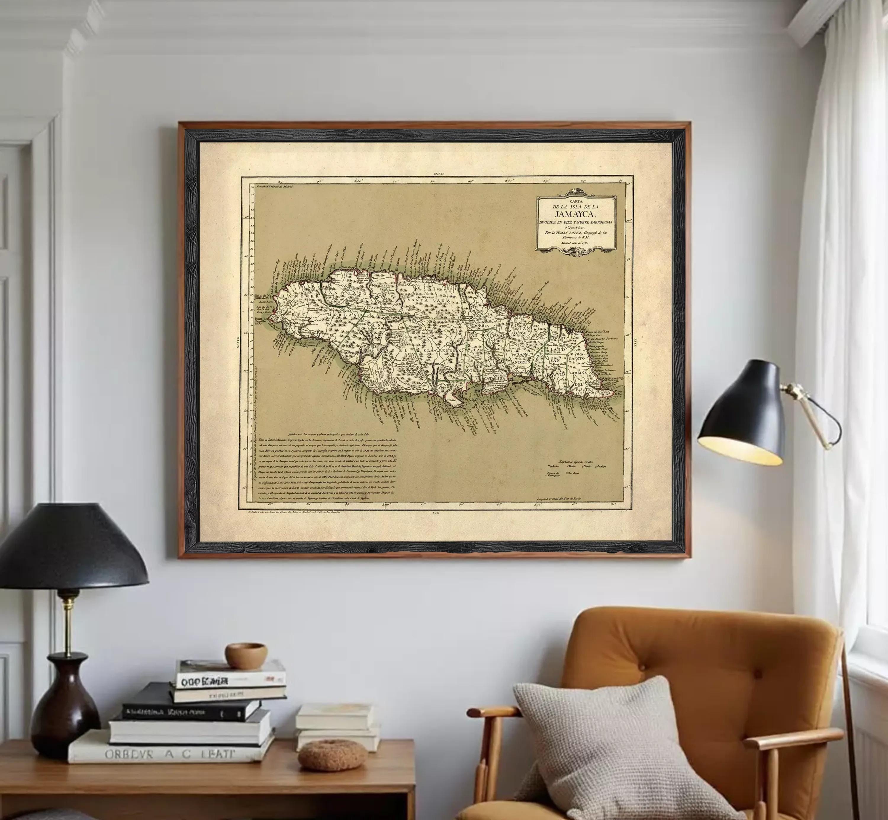 The image is a framed vintage map of Jamaica, depicting the country's geographical layout and boundaries.