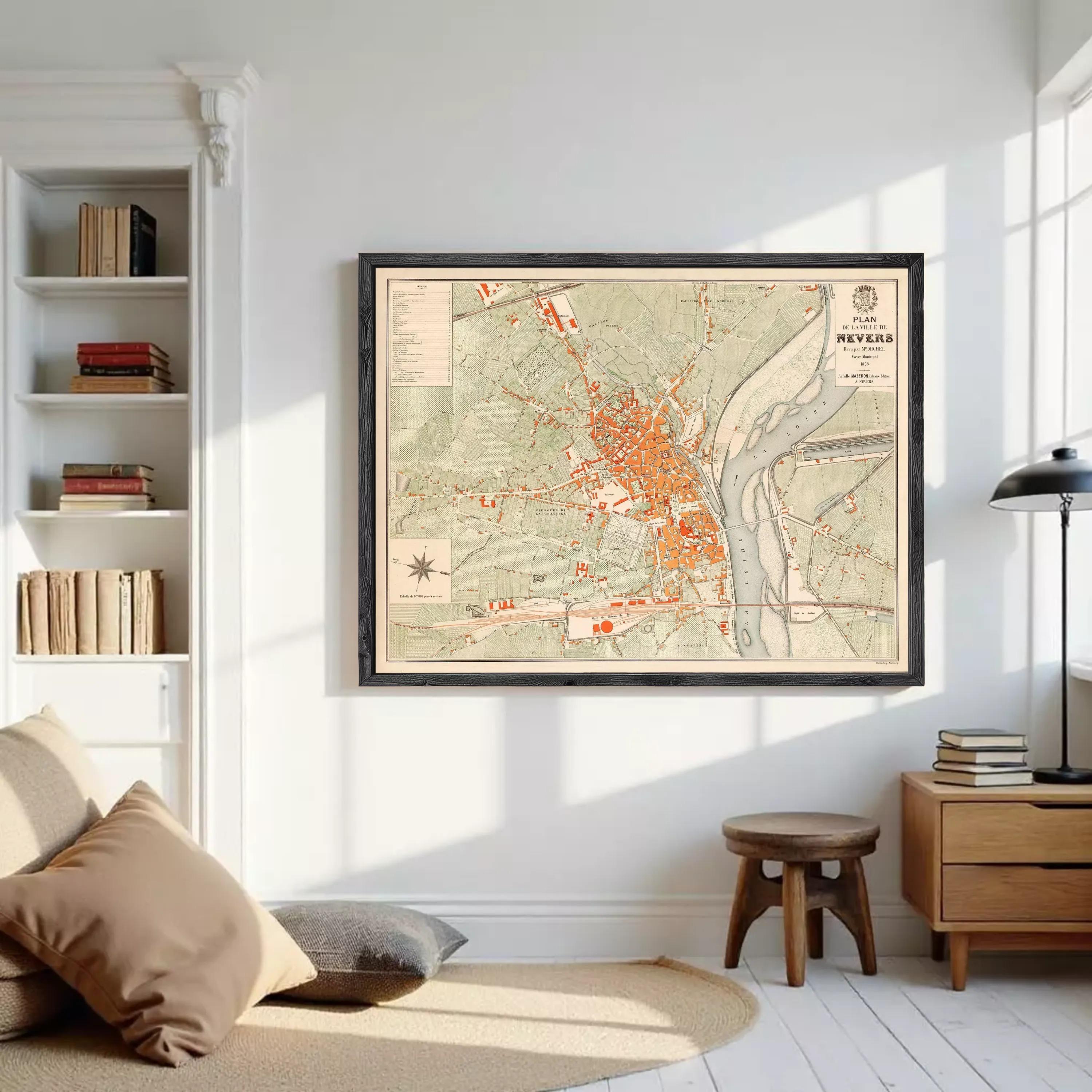 The image is a framed vintage map of the town of Nevers, France, depicting the layout of the streets and surrounding areas.