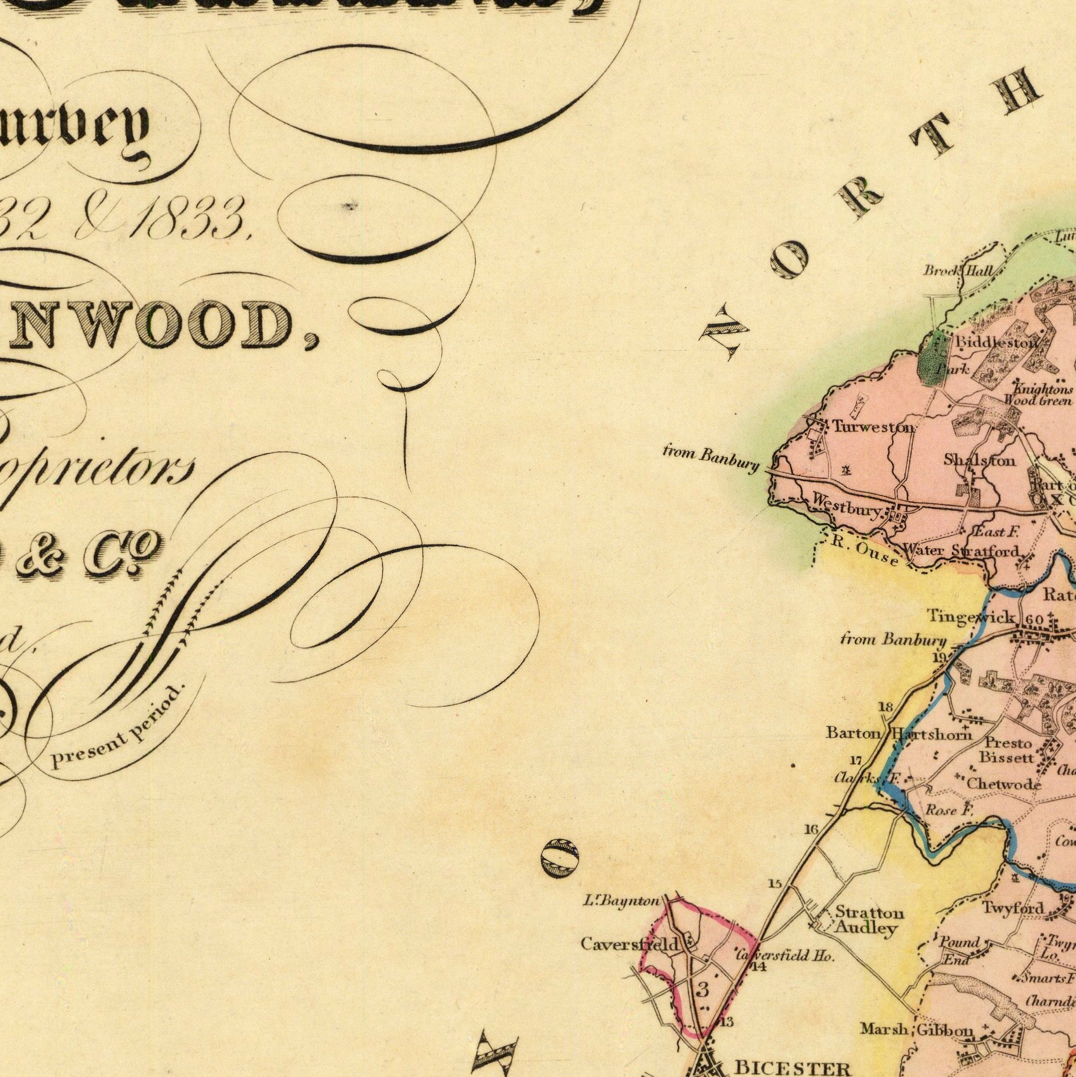 The image is a historical map of the Northumberland region, dated 1833, with various labels and markings.