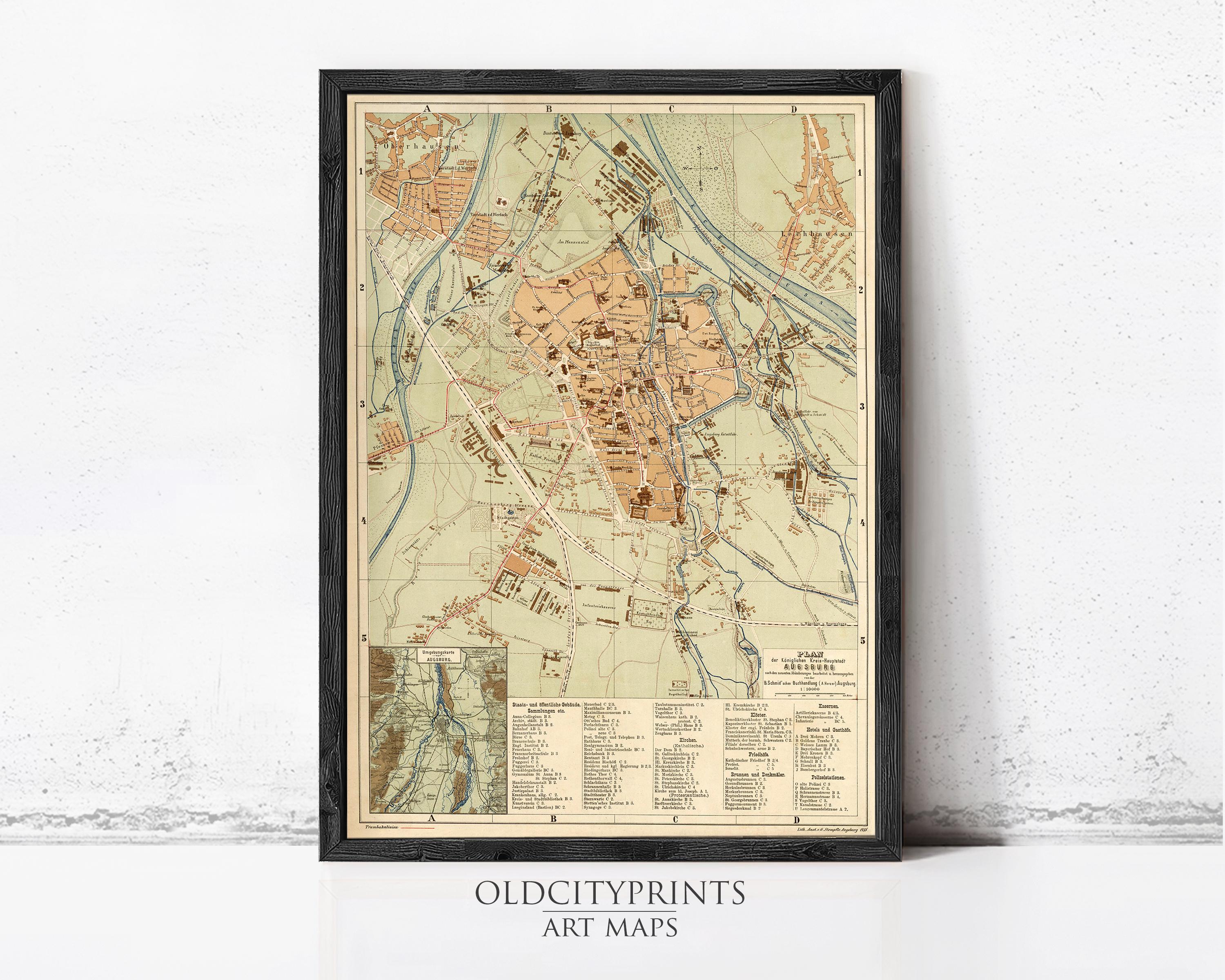 The image is a framed vintage map of an old city, likely from the 19th century.