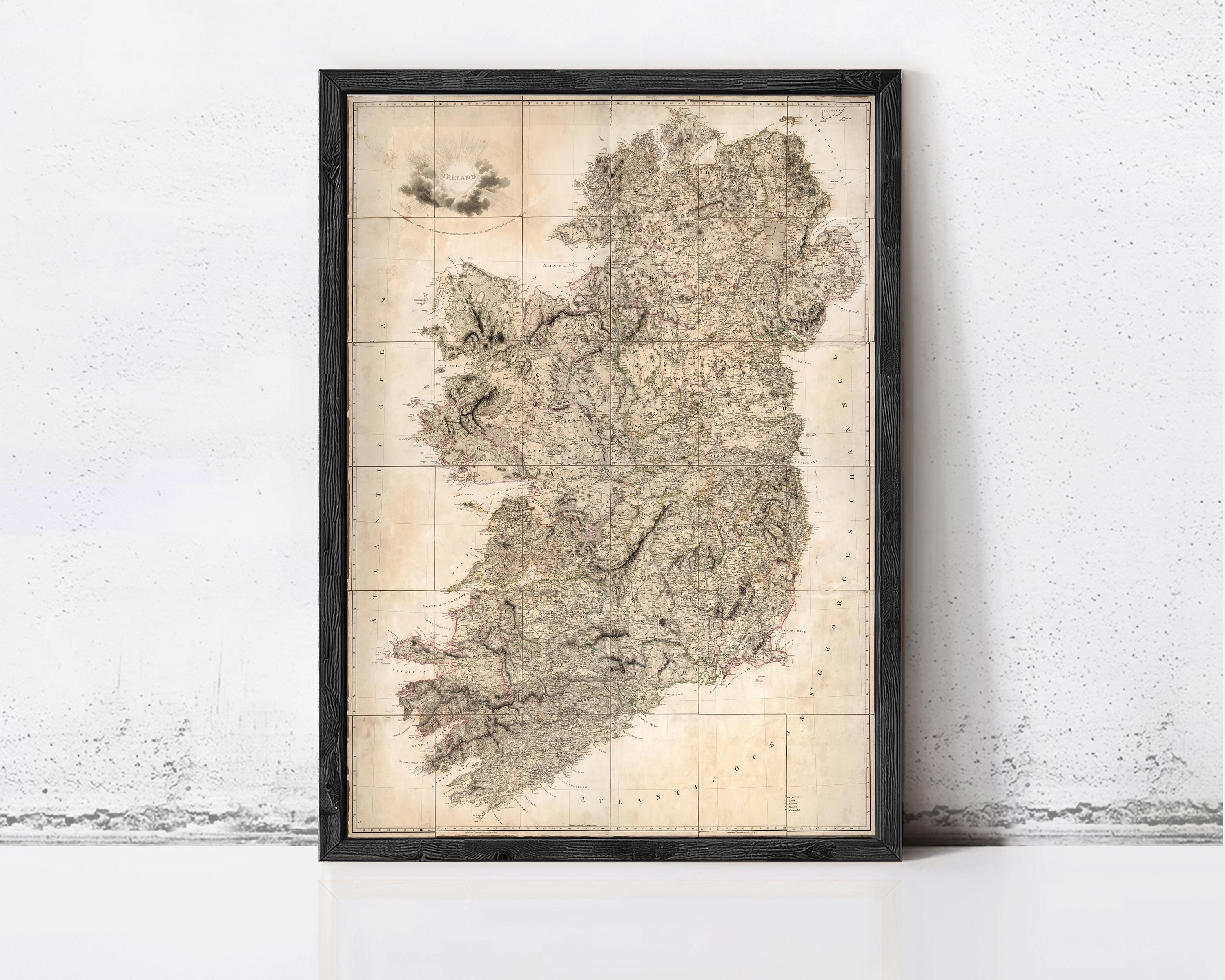 The image is a framed map of Ireland, showing the country's geographical layout and surrounding areas.