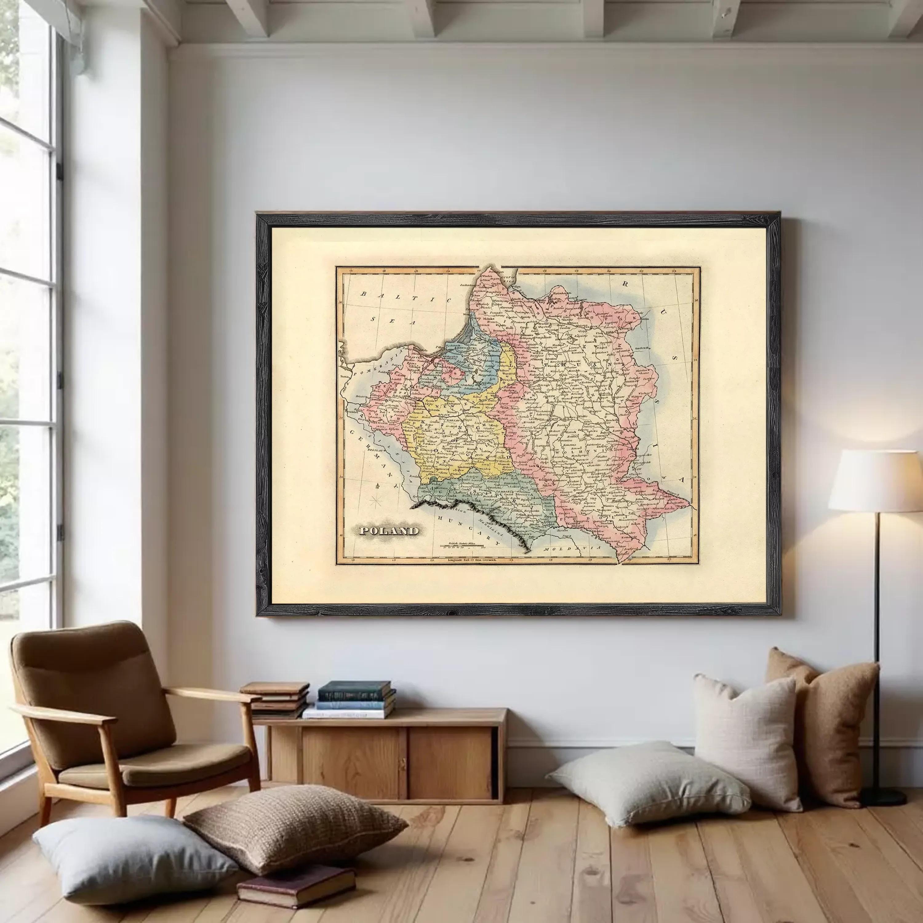 The image is a framed vintage map of Poland, depicting the country in a detailed and colorful manner.