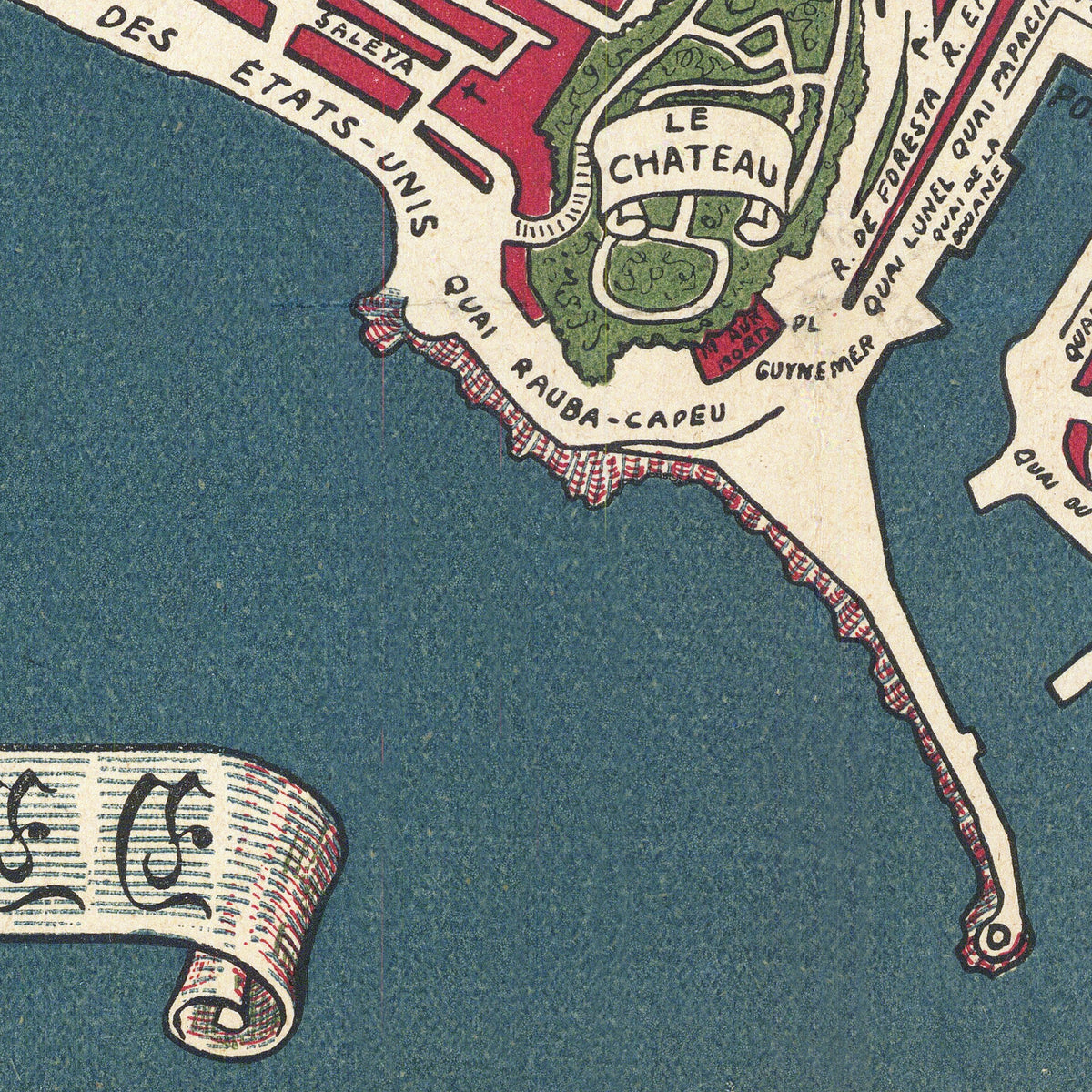 The image is a map of a coastal area, depicting a beach, a pier, and a body of water.