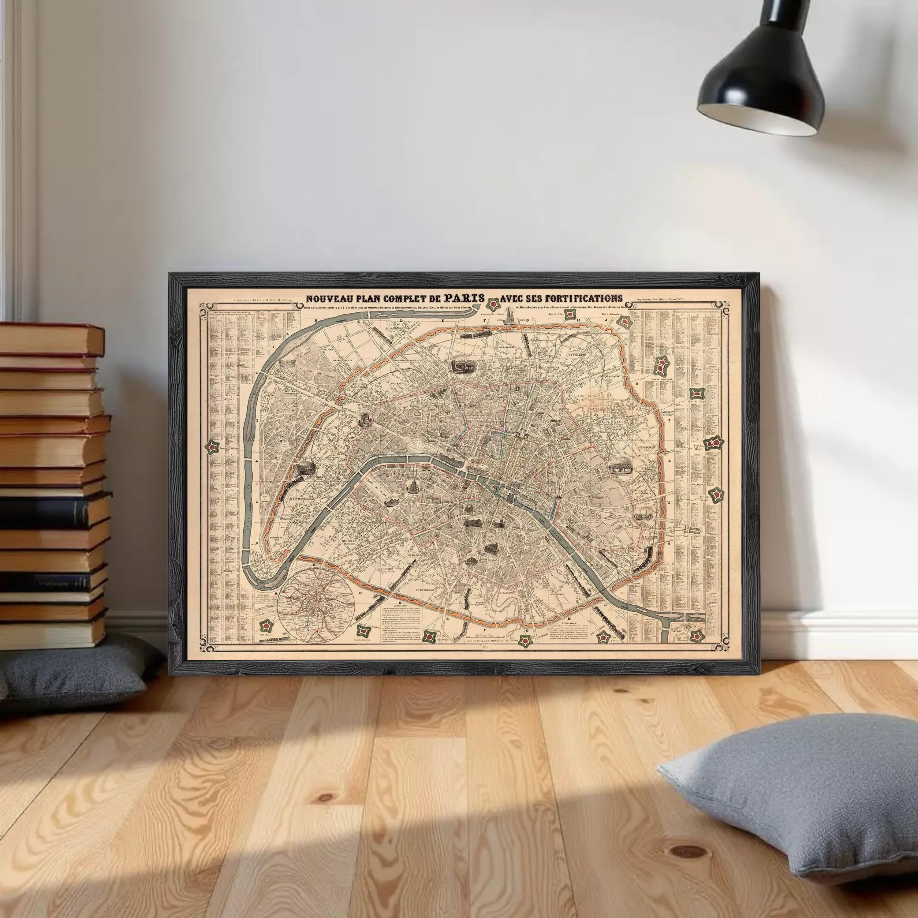 The image is a framed vintage map of Paris, France, depicting the city's streets and landmarks.