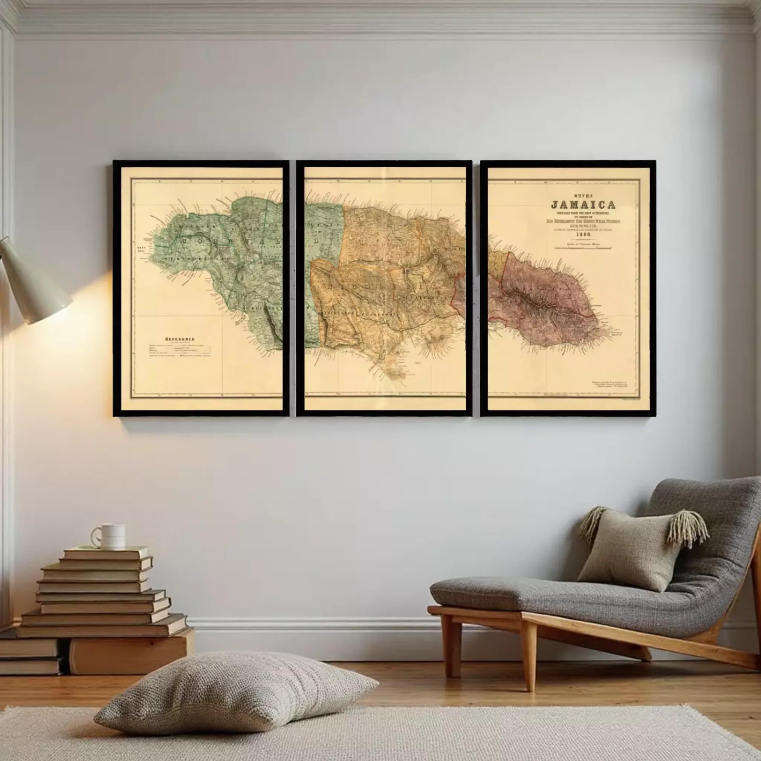 The image is a triptych of old maps of Jamaica, featuring a green, yellow, and red color scheme.