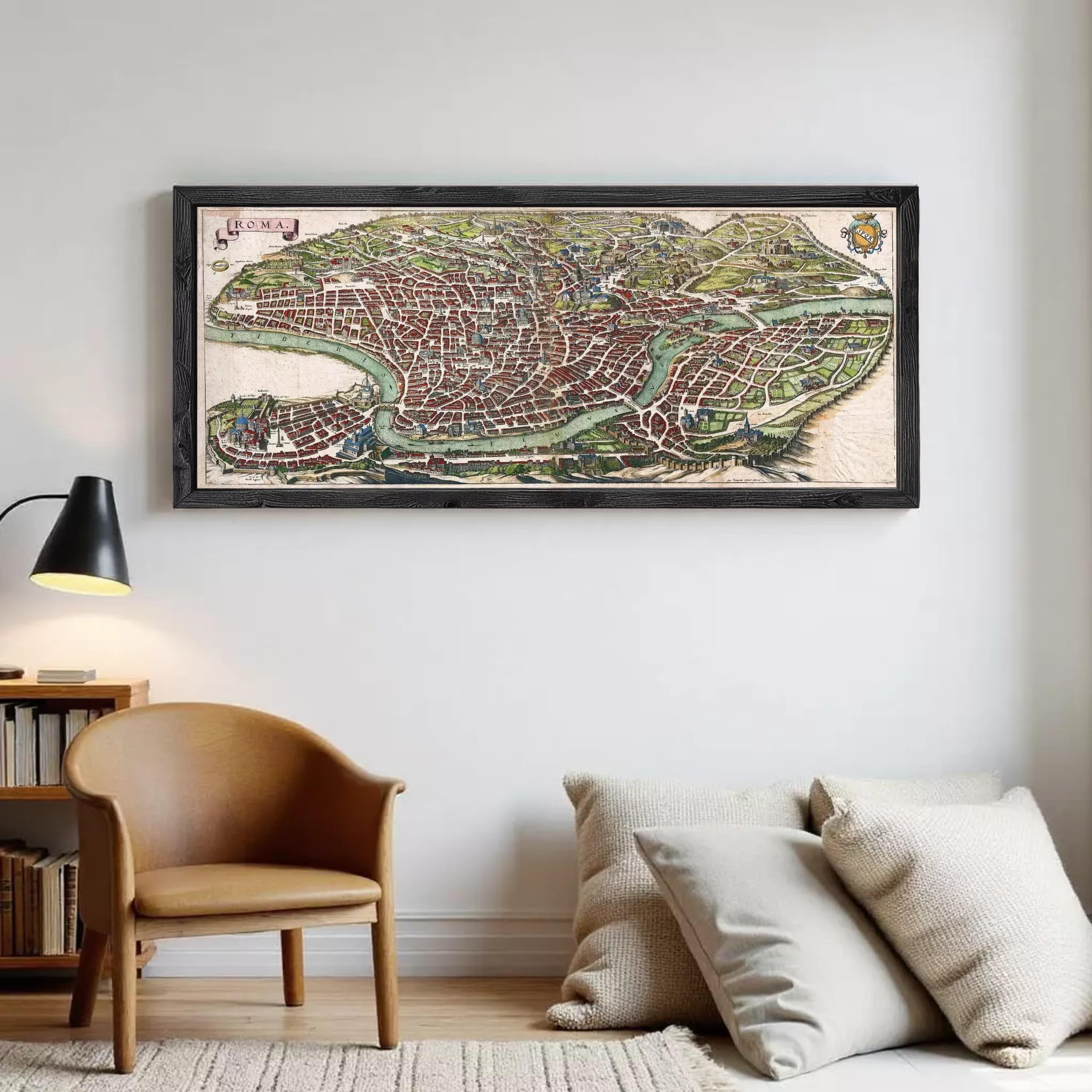 The image is a framed map of a city, likely Rome, with a detailed and colorful depiction of the urban layout and surrounding areas.