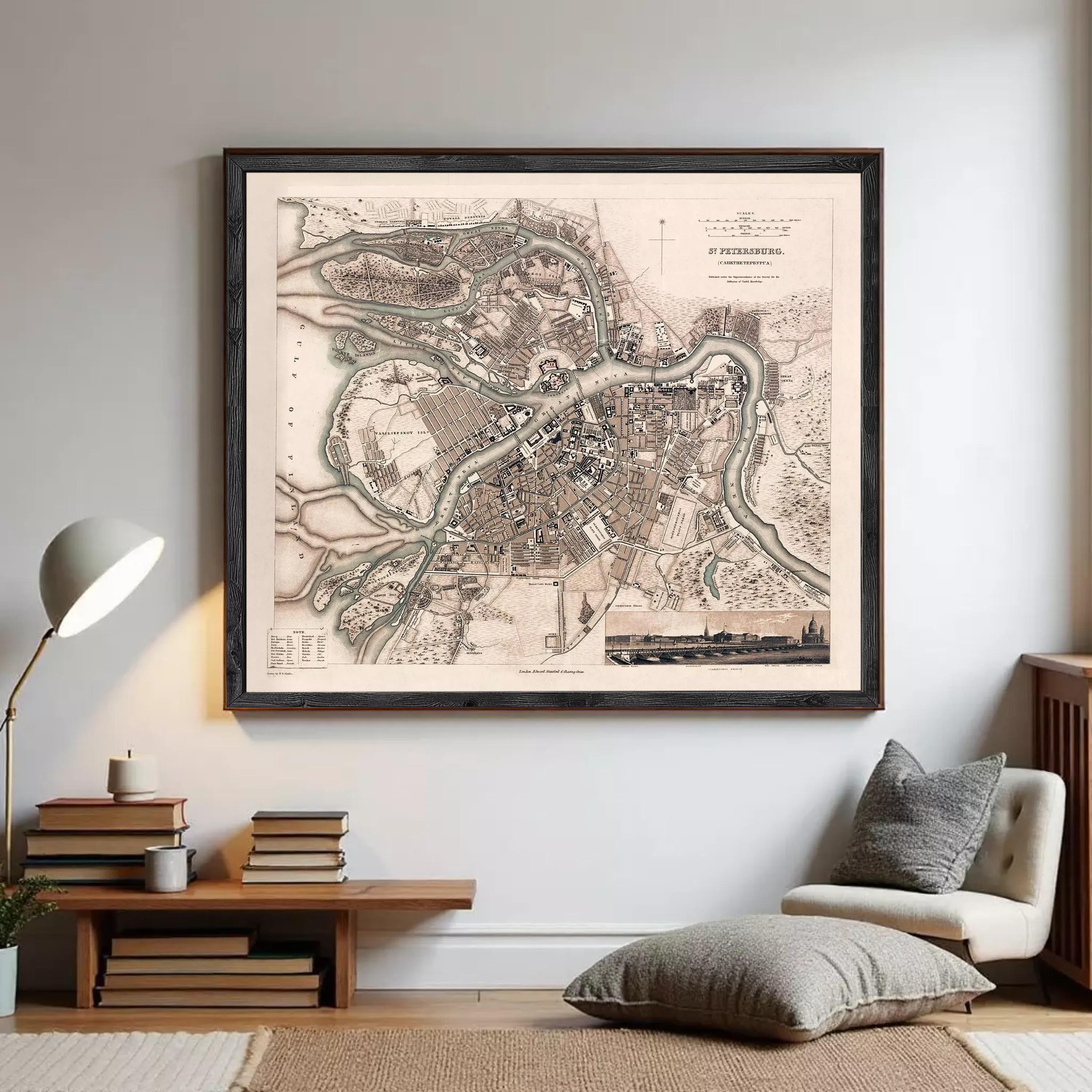 The image is a framed historical map of St. Petersburg, Russia, depicting the city's layout and surrounding areas.