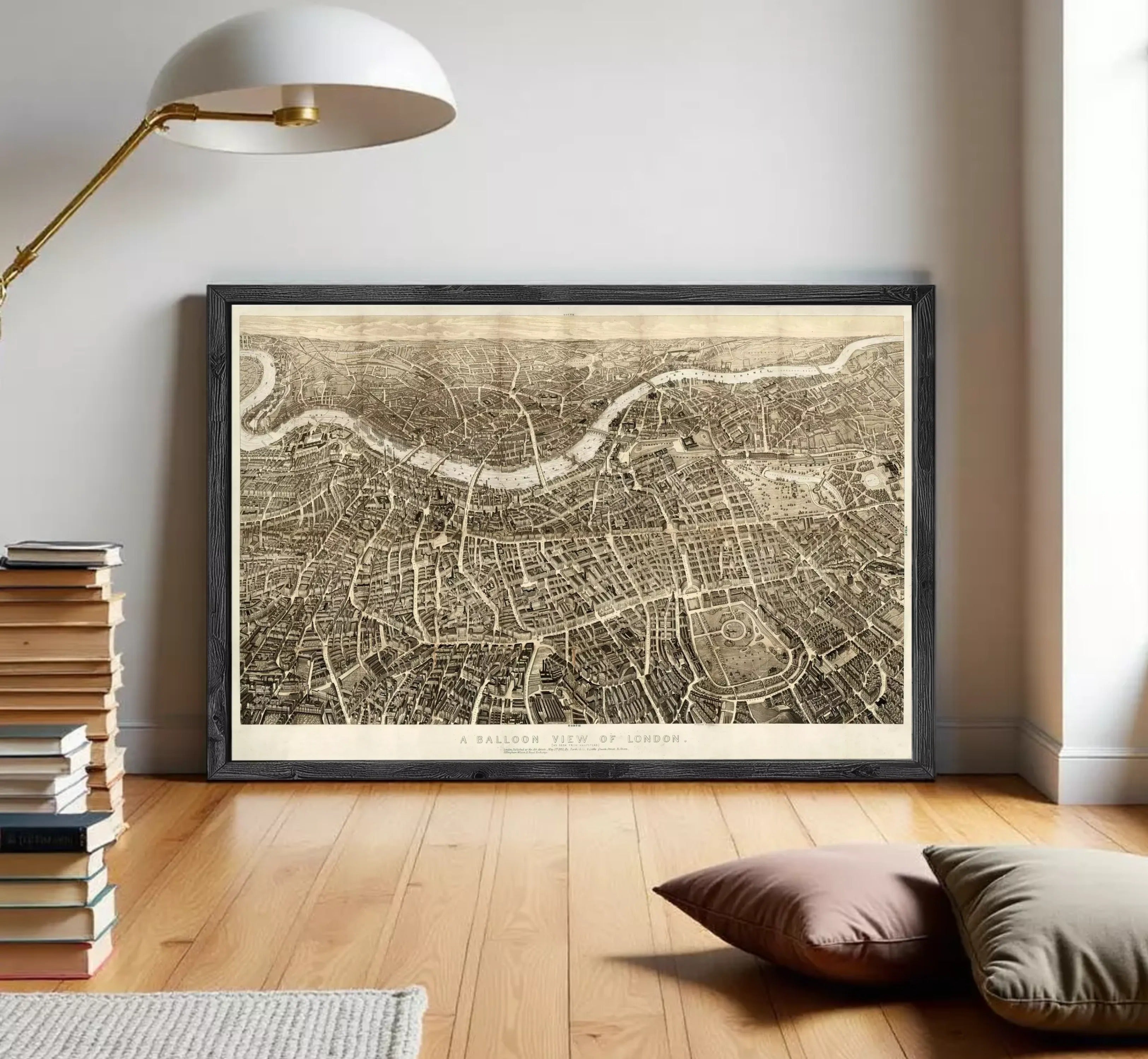 The image is a framed print of a detailed map of London, England, depicting the city's streets, landmarks, and waterways.