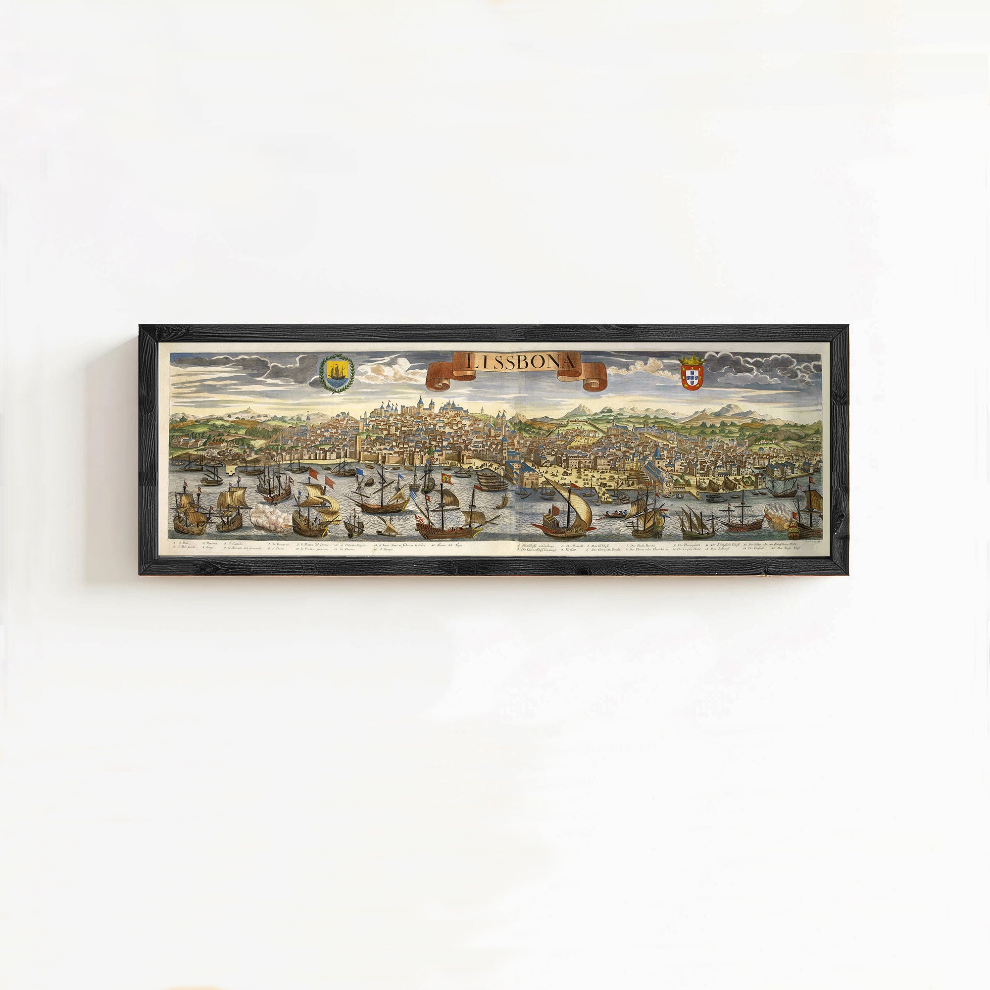 The image is a framed painting depicting a cityscape with boats and ships in the water.