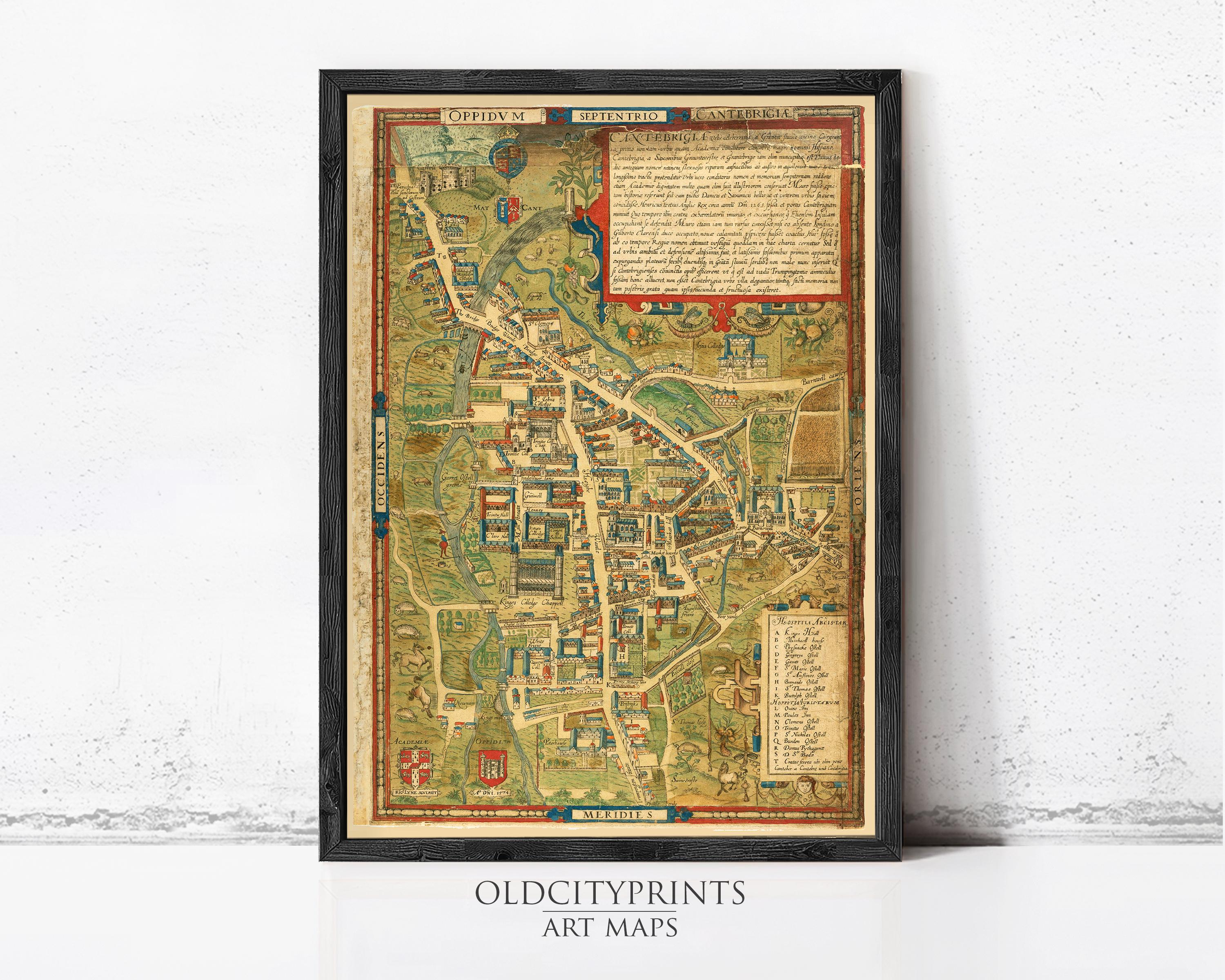 The image is a framed antique map of a town or city, with detailed illustrations and labels.