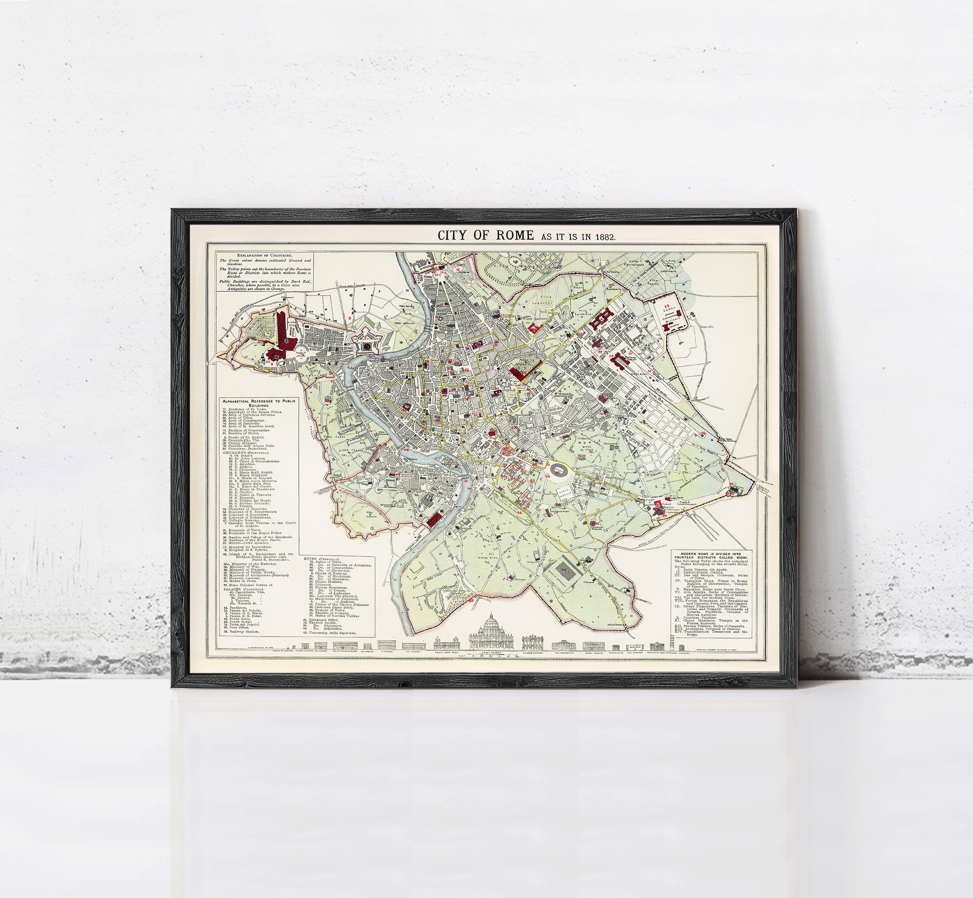 The image is a framed vintage map of the city of Rome, Italy, depicting the layout and various landmarks of the city.