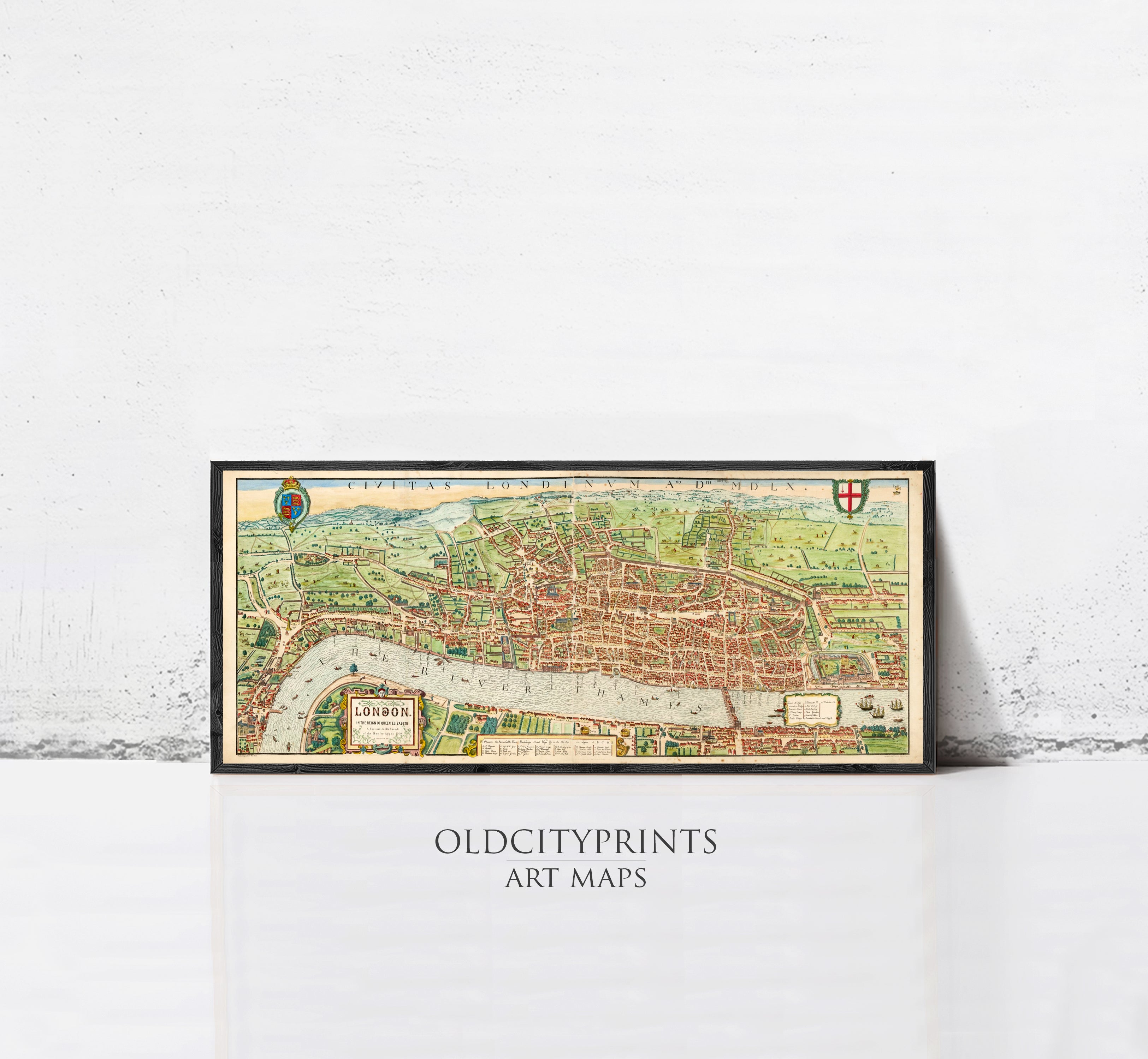 A framed vintage map of London, featuring detailed illustrations of the city's streets, landmarks, and surrounding areas.