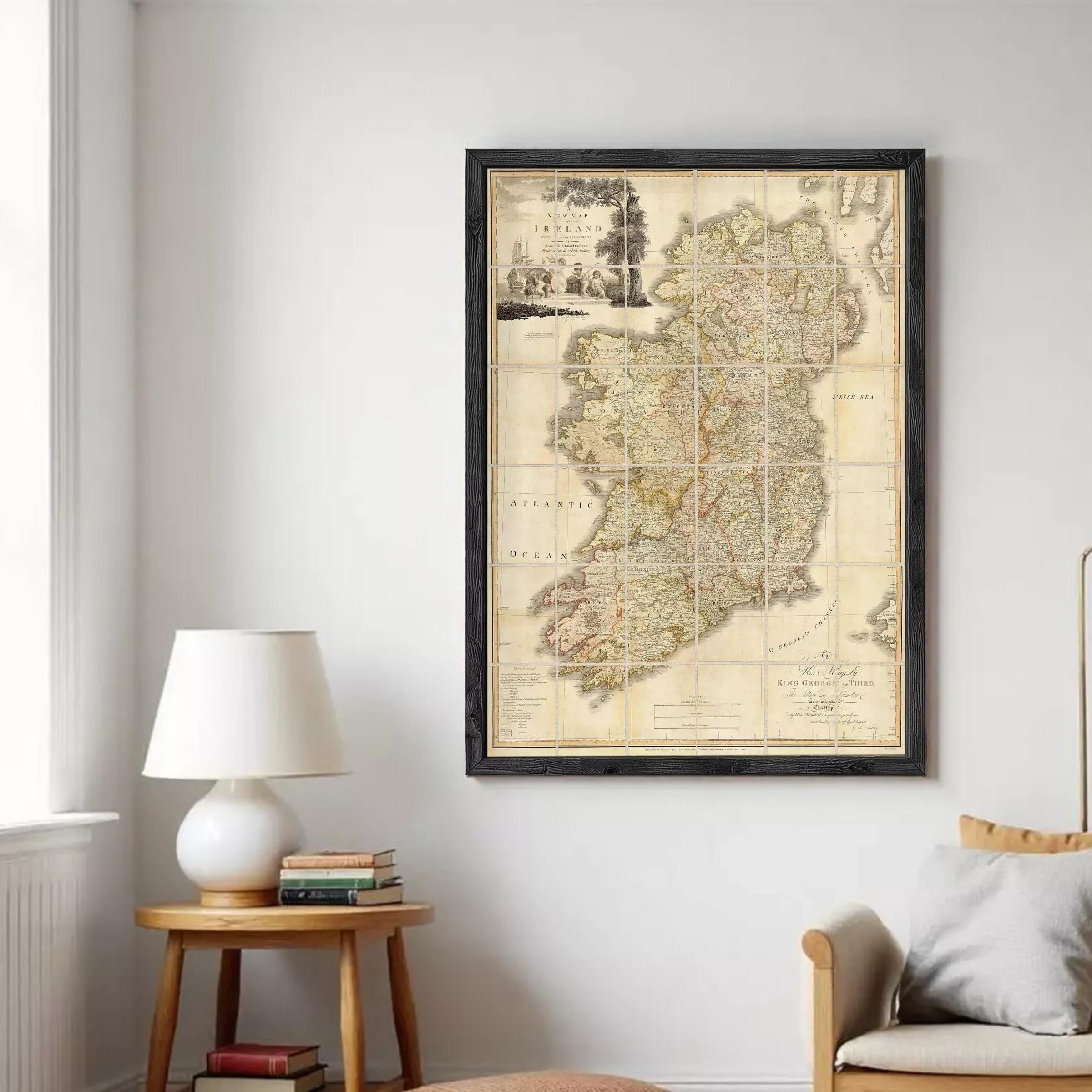 The image is a framed map of Ireland, depicting the country's geographical layout and surrounding areas.