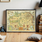 a framed map of San Francisco, with various landmarks and locations marked on it.