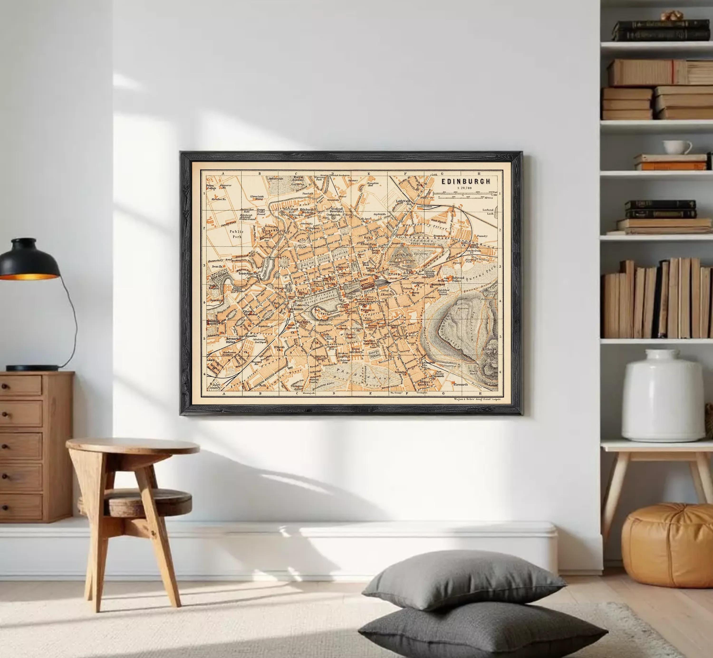 The image is a framed vintage map of Edinburgh, Scotland, depicting the city's layout and surrounding areas.