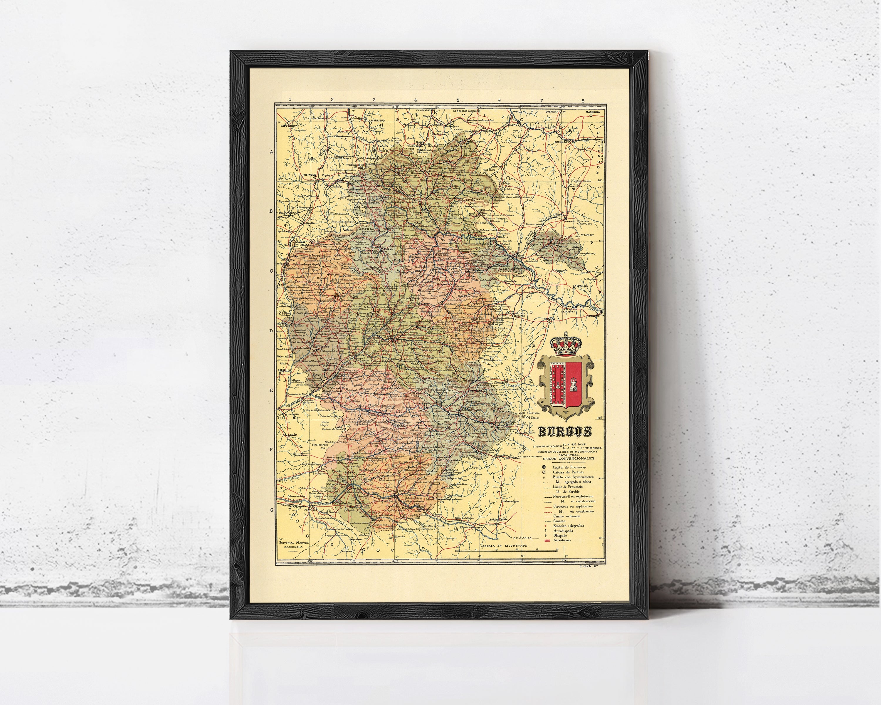 The image is a framed map of Burgos, Spain, with a coat of arms in the bottom right corner.
