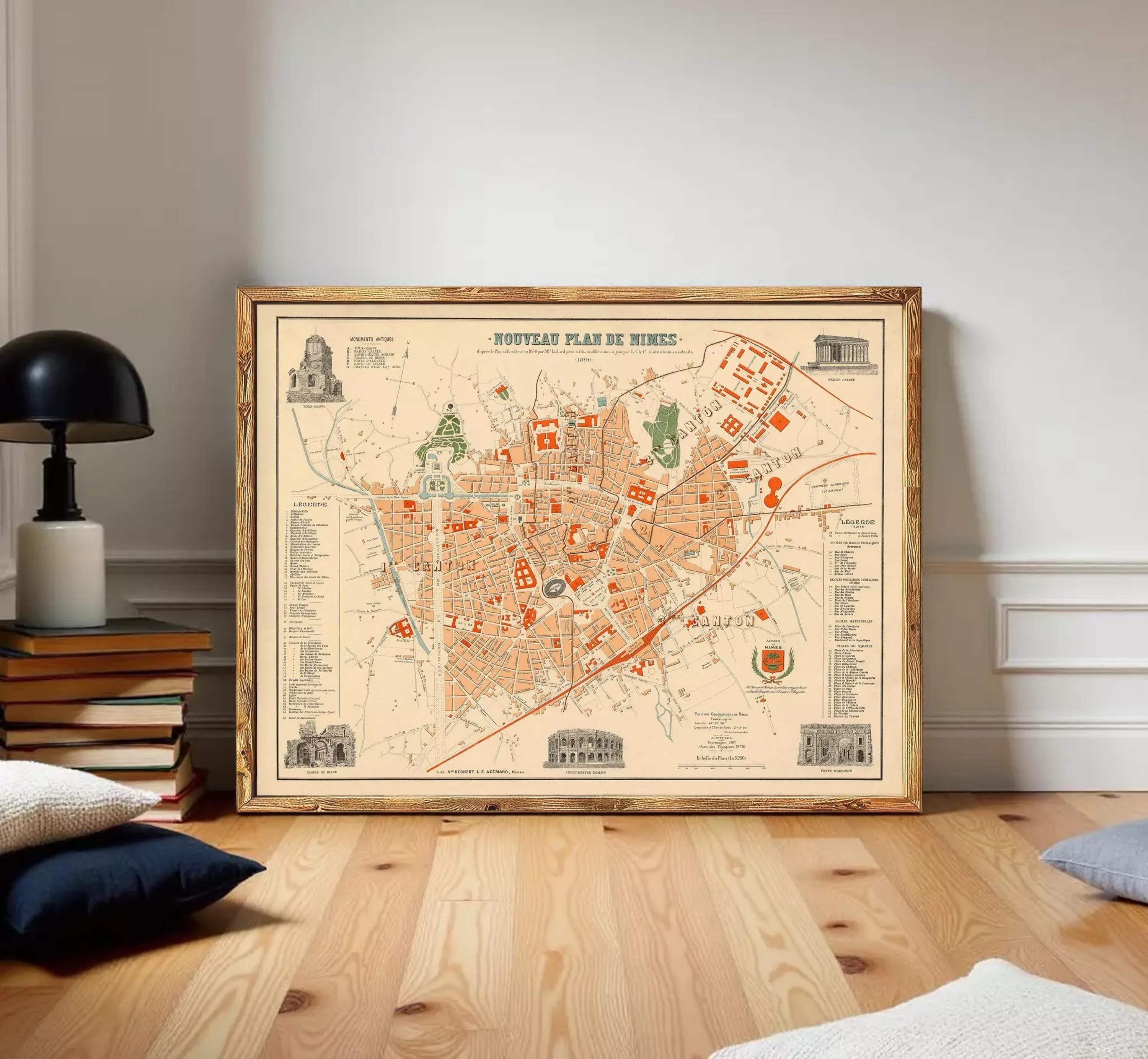 The image is a framed vintage map of a city, depicting various landmarks and streets.