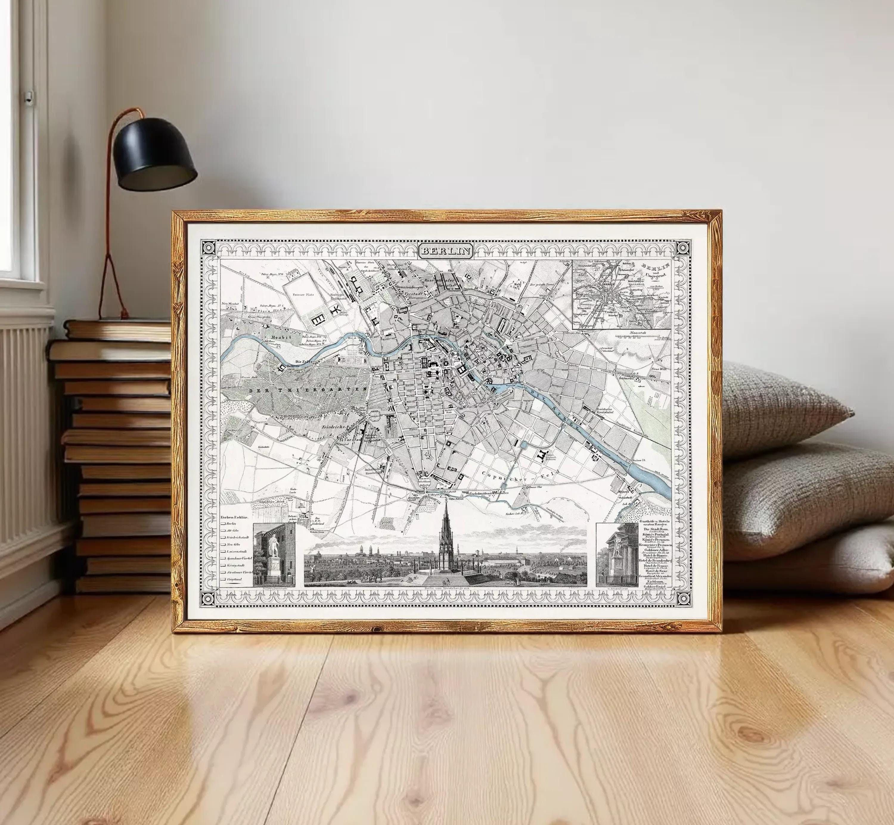 The image is a framed vintage map of Berlin, Germany, depicting the city's streets and landmarks.